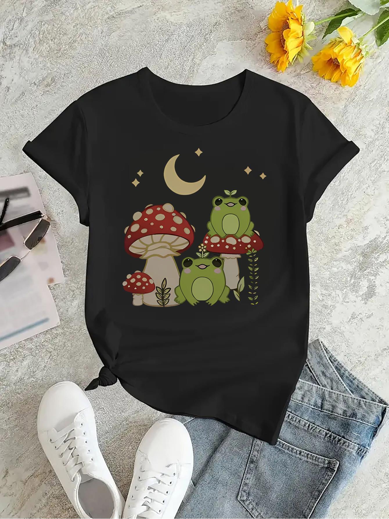 thumbnail image 3 of Women's Casual Geometric Print T-Shirt with Mushroom, Frog, and Moon Design - Polyester Knit Fabric, All-Season Comfort, Round Neck, Elasticity, Abstract Pattern - Fashionable Short Sleeve Top for Ho, 3 of 8