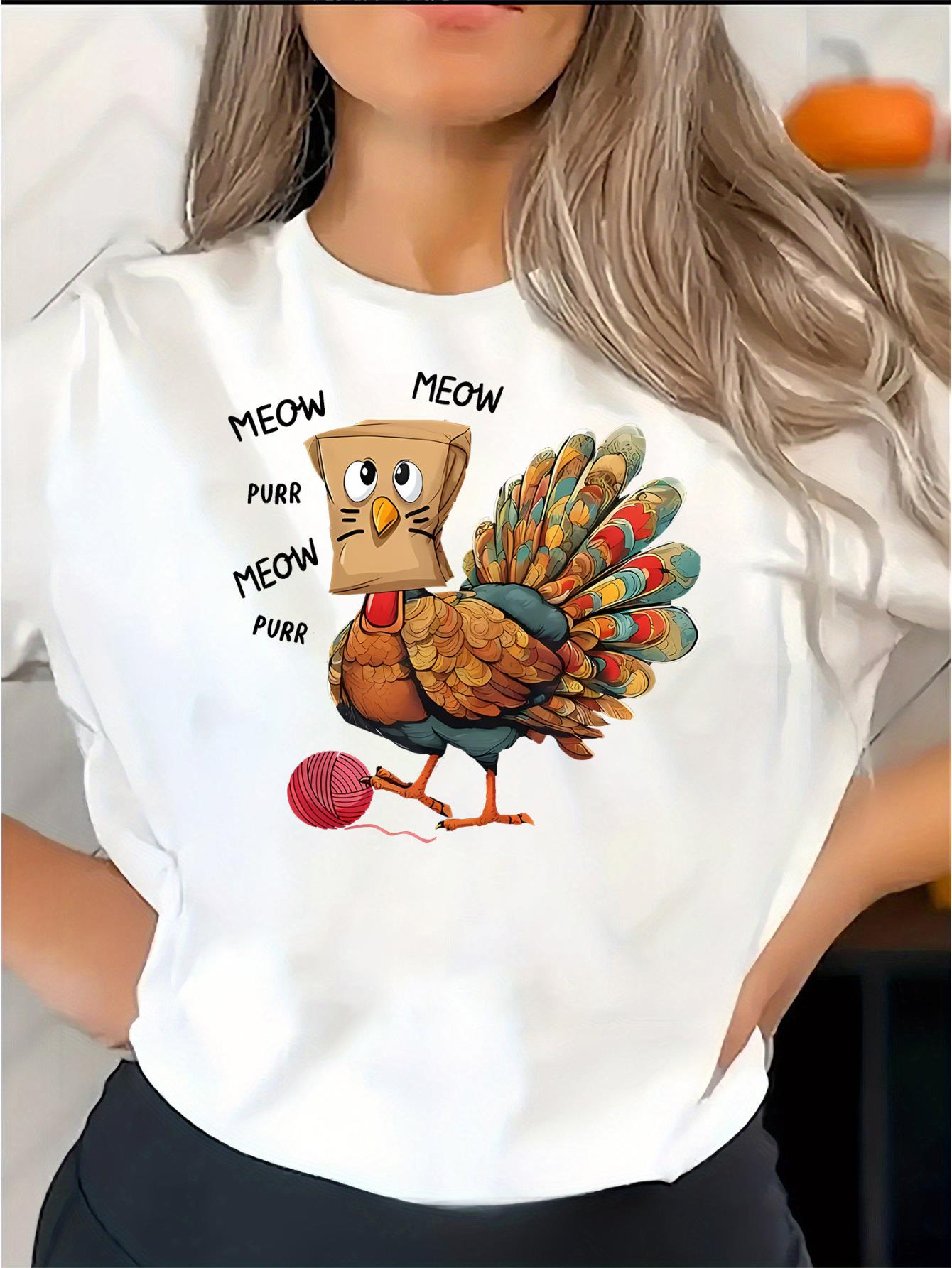Women'S Casual Crew Neck T-Shirt, Polyester Blend, Animal Pattern, Medium Stretch Knit Fabric, with Creative Fun English Yarn Turkey Graphic Print, for All Season Comfort Fit Tee
