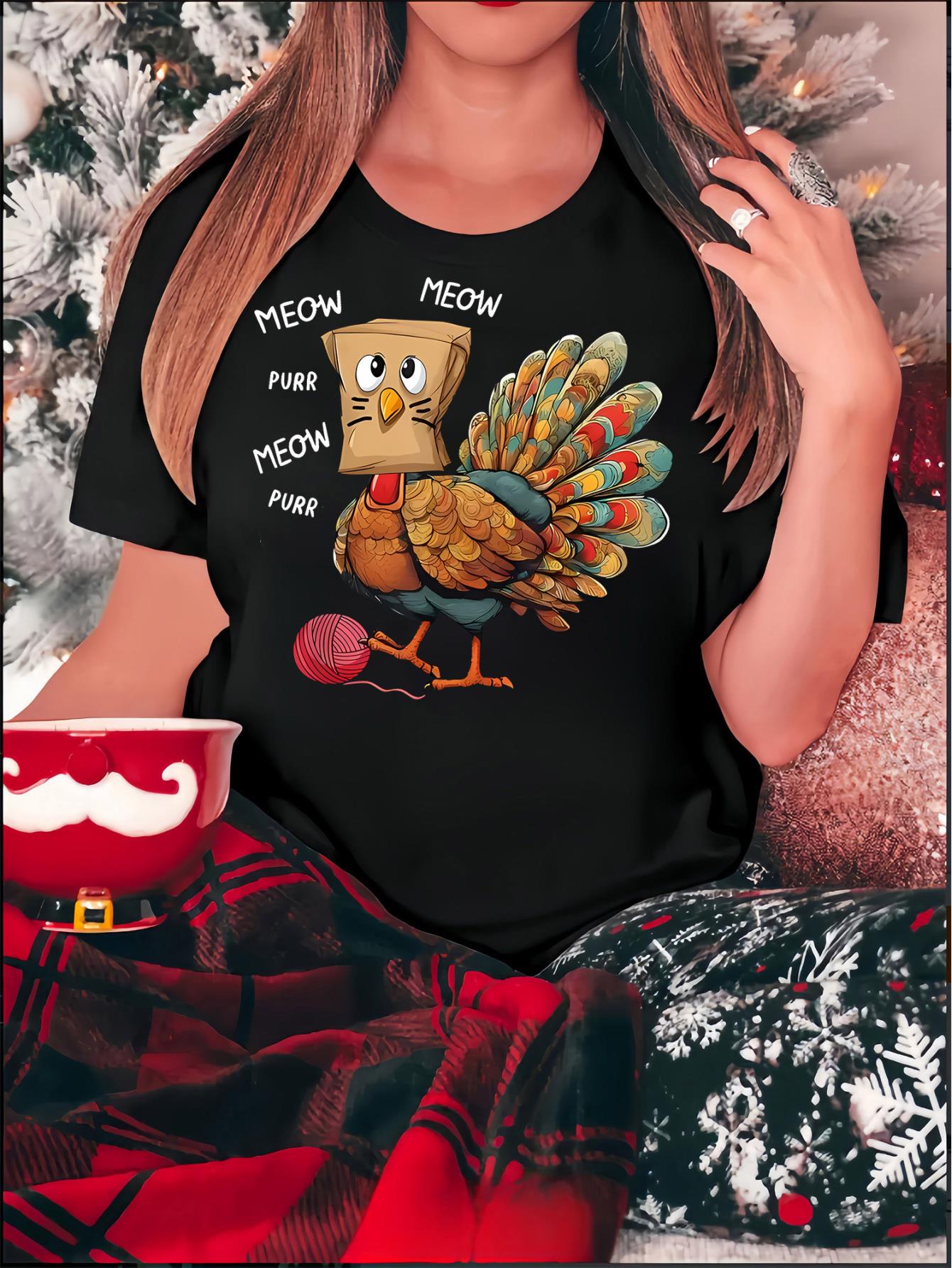 thumbnail image 2 of Women'S Casual Crew Neck T-Shirt, Polyester Blend, Animal Pattern, Medium Stretch Knit Fabric, with Creative Fun English Yarn Turkey Graphic Print, for All Season Comfort Fit Tee, 2 of 8