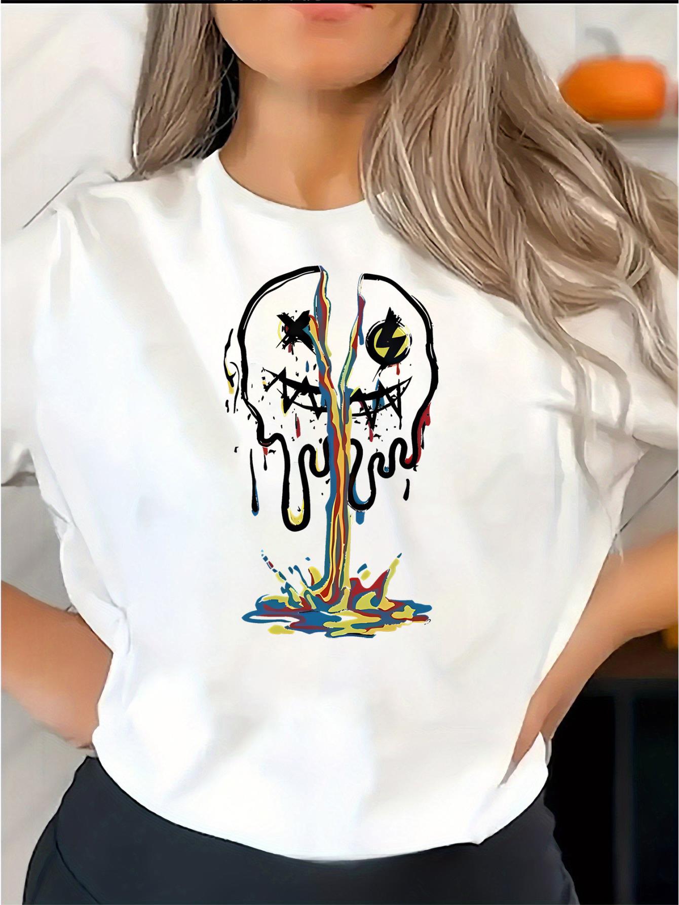 thumbnail image 2 of Women's Fun joyful Face & Rainbow Print Tee - Casual Crew Neck Short Sleeve T-Shirt, Stretchy Polyester Blend, Machine Washable - Perfect for Summer, 2 of 8