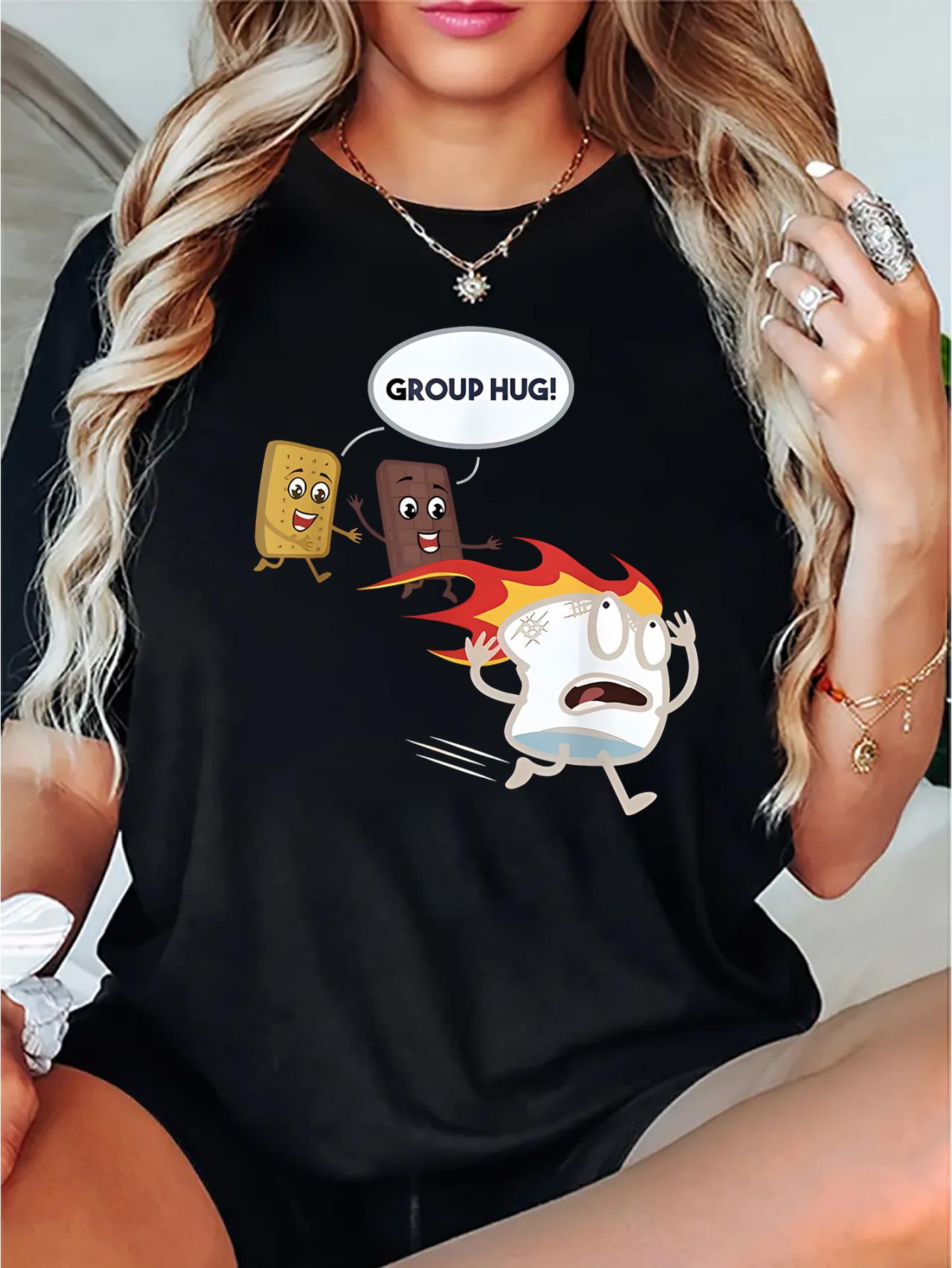 thumbnail image 1 of Women's Trendy Cartoon Graphic Tee - Casual Crew Neck Short Sleeve T-Shirt with Abstract Print, Stretchy Polyester Blend, Machine Washable, Perfect for Summer & Casual Attire, 1 of 8