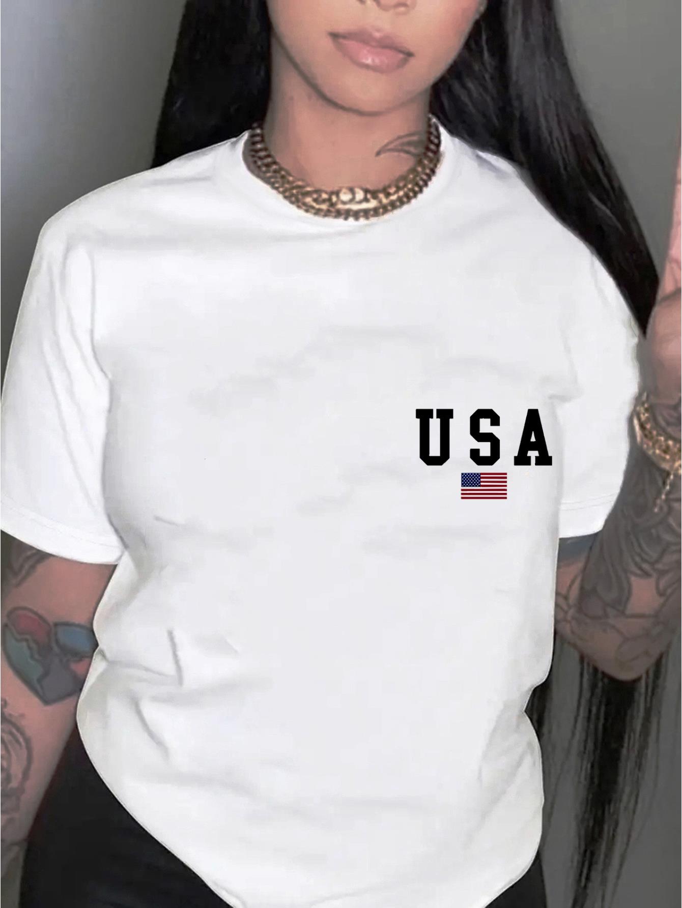 USA Letter Print Crew Neck T-Shirt - Casual Polyester Knit Tee with Spandex, Medium Stretch, Short Sleeve, Graphic Alphabet Pattern for All Seasons