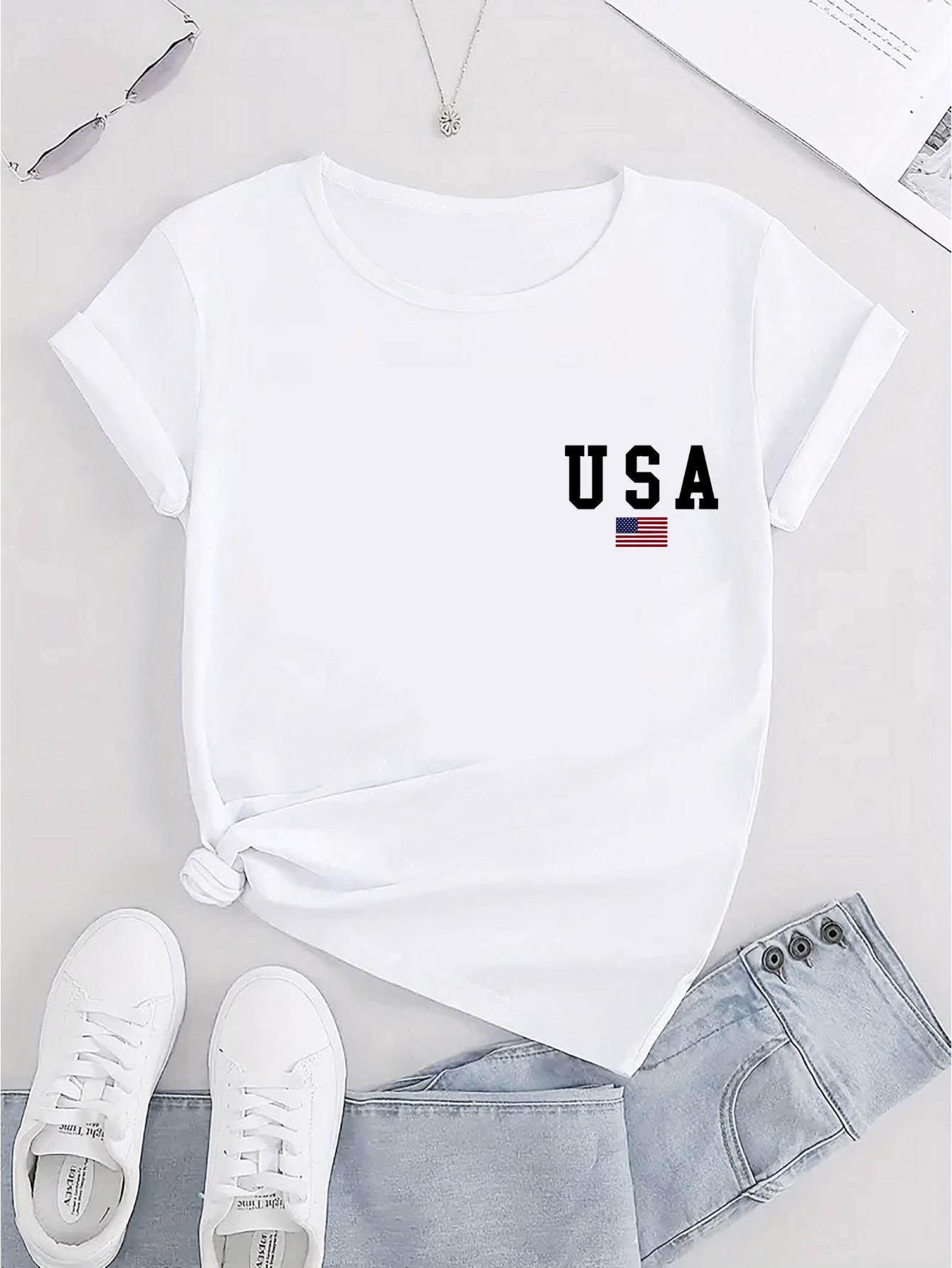 thumbnail image 2 of USA Letter Print Crew Neck T-Shirt - Casual Polyester Knit Tee with Spandex, Medium Stretch, Short Sleeve, Graphic Alphabet Pattern for All Seasons, 2 of 6