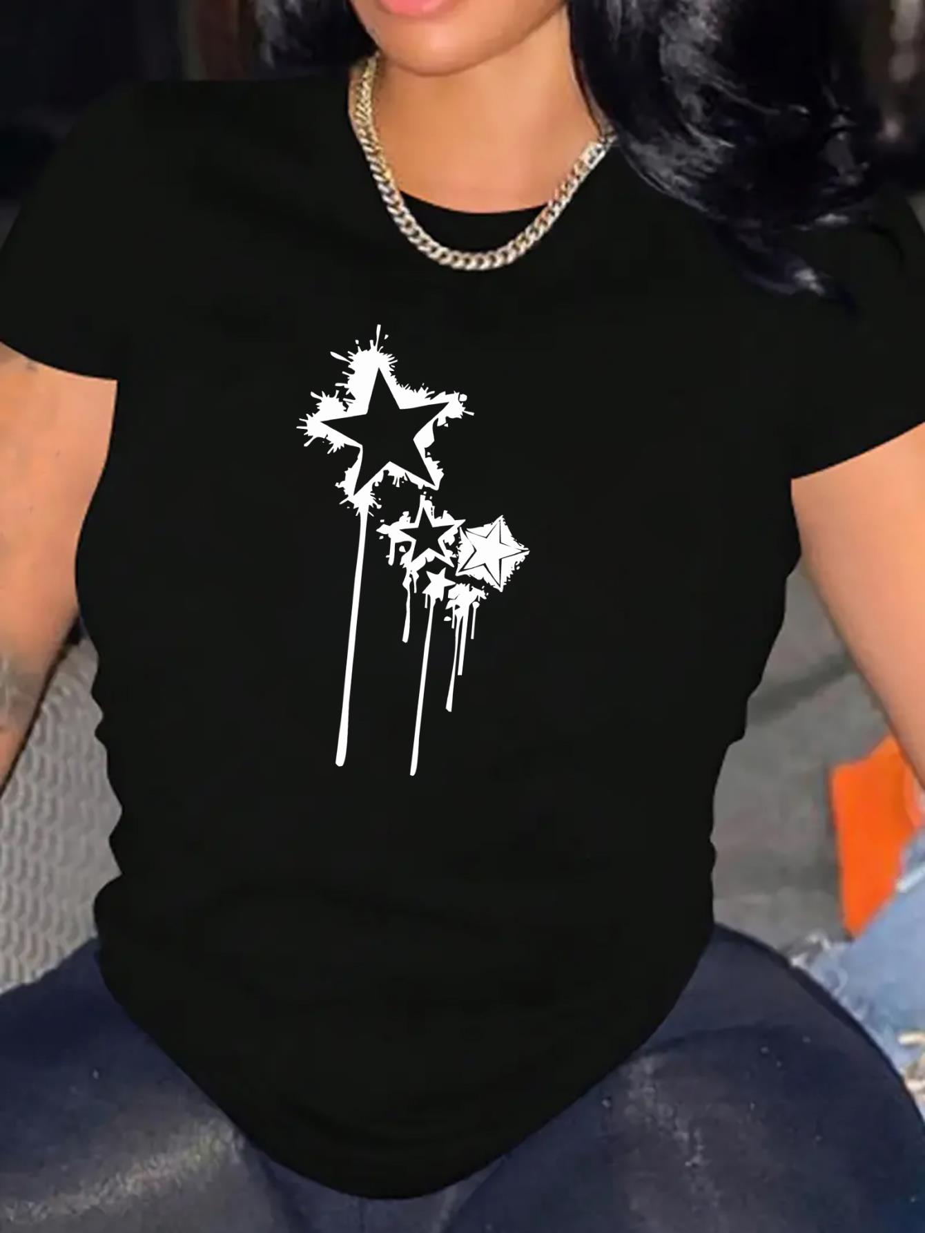 thumbnail image 2 of Women's Casual Star Graffiti Print T-Shirt - Crew Neck, Short Sleeve, Stretchy Polyester Blend, Machine Washable - Perfect for Summer & Everyday Fashion, 2 of 8