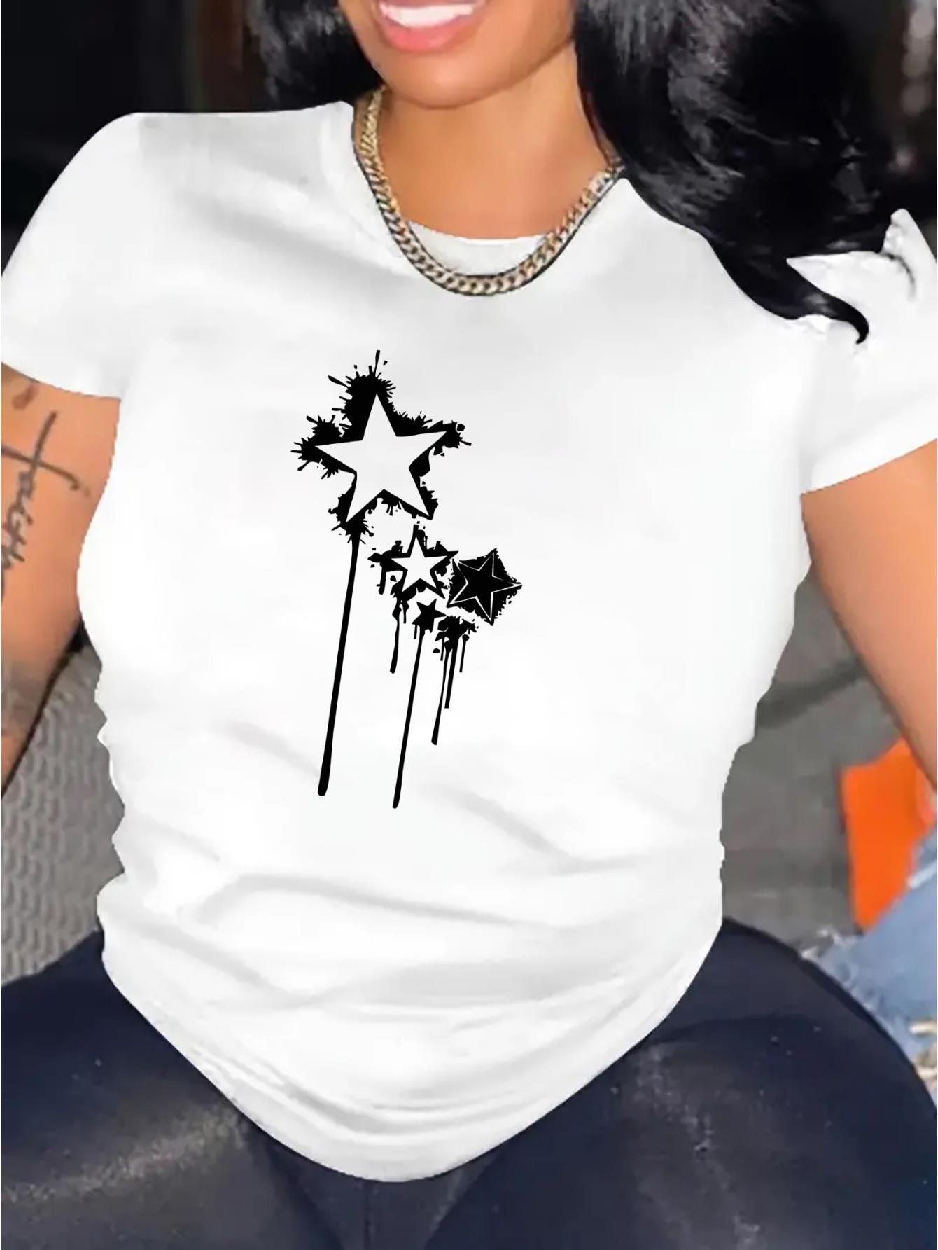 thumbnail image 1 of Women's Casual Star Graffiti Print T-Shirt - Crew Neck, Short Sleeve, Stretchy Polyester Blend, Machine Washable - Perfect for Summer & Everyday Fashion, 1 of 8