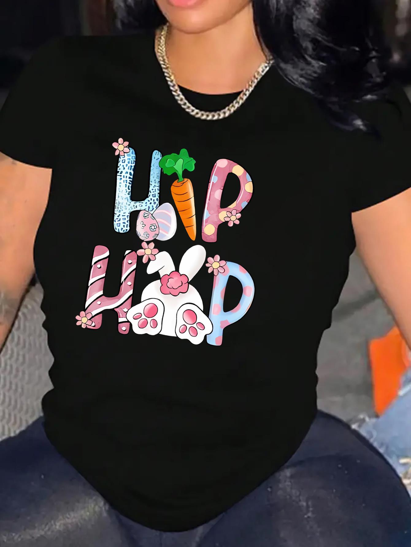 Women's Casual Rabbit & Carrot Graphic Tee - Comfy Crew Neck Short Sleeve T-Shirt, Perfect for Summer