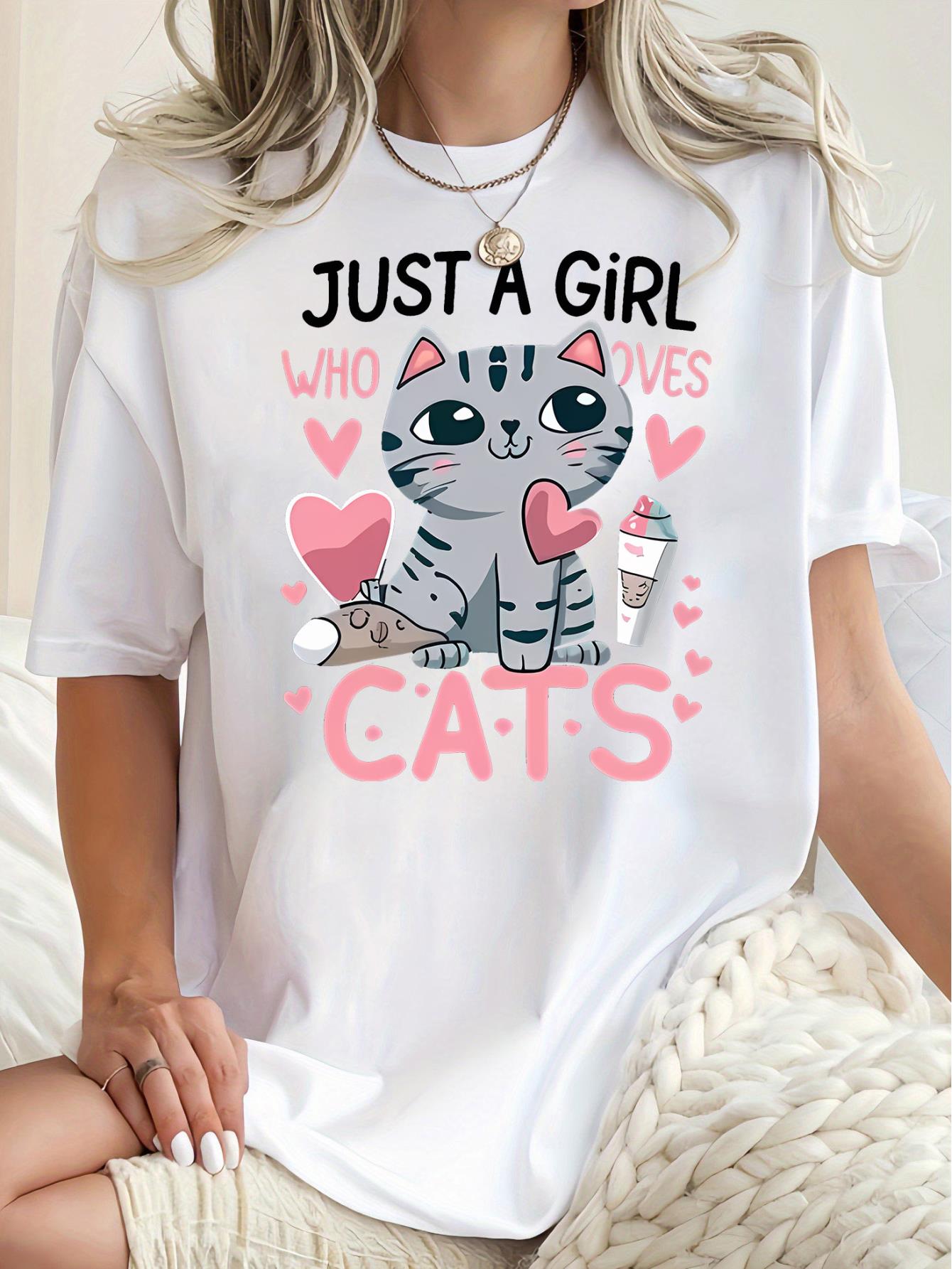 thumbnail image 1 of Chic Pink Heart & Cat Graphic Tee for Women - Casual Crew Neck Short Sleeve, Stretchy Polyester Blend, Machine Washable - Perfect Summer Top, 1 of 8