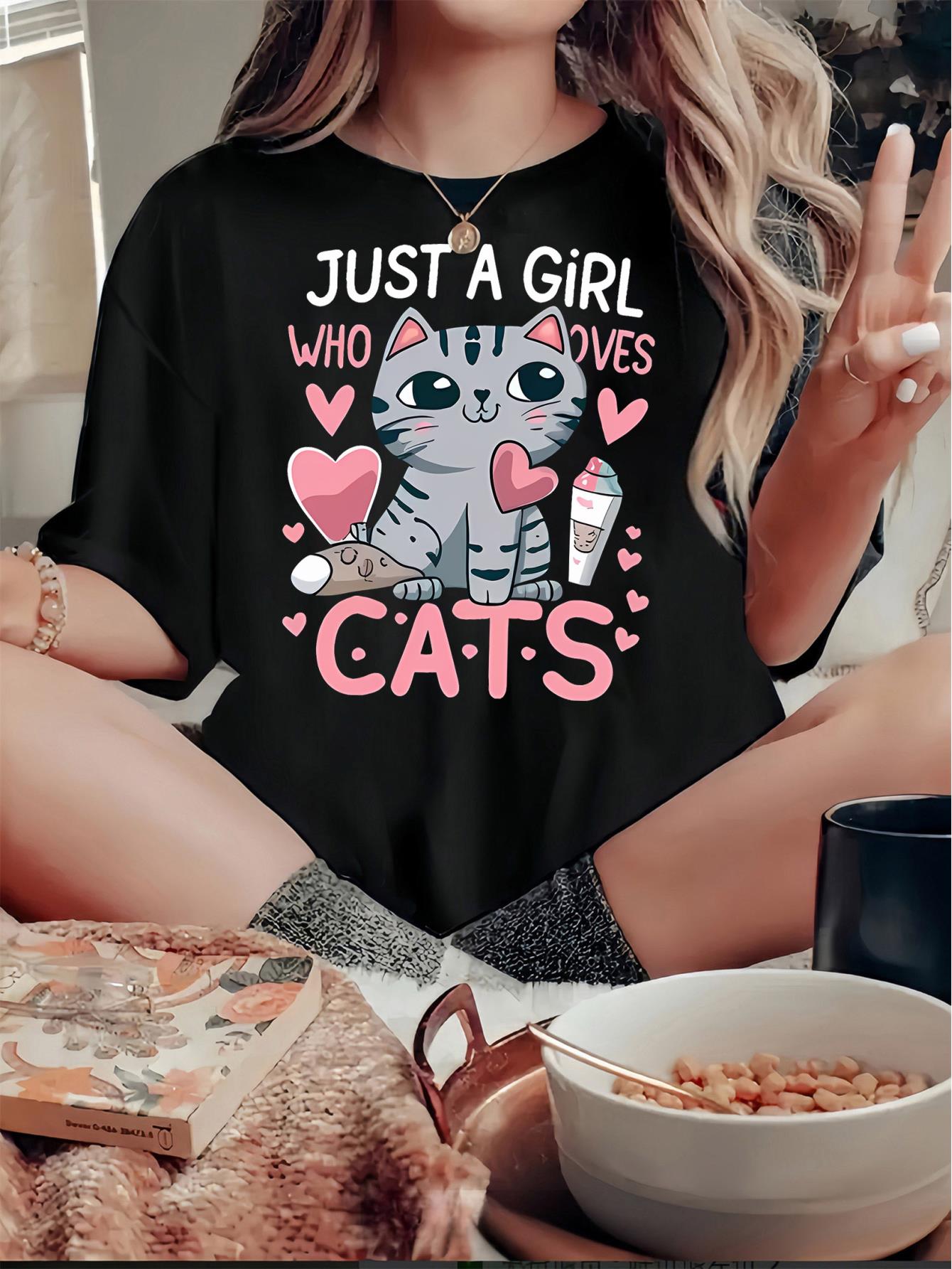 thumbnail image 2 of Chic Pink Heart & Cat Graphic Tee for Women - Casual Crew Neck Short Sleeve, Stretchy Polyester Blend, Machine Washable - Perfect Summer Top, 2 of 8