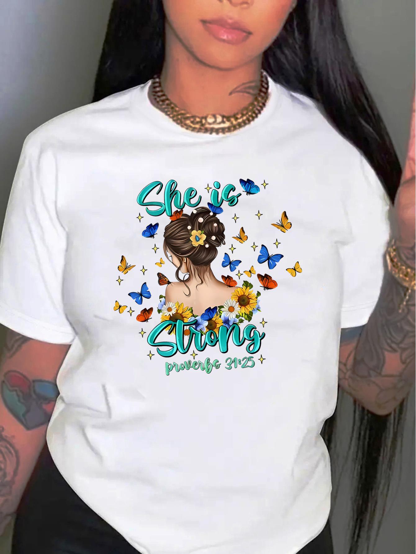 thumbnail image 2 of Women's Inspirational T-Shirt, "She is Strong" with Floral Butterfly Print, Casual Round Neck Short Sleeve, Comfortable Summer Top, Polyester Knit Fabric, All Seasons Fashion Tee, 2 of 8