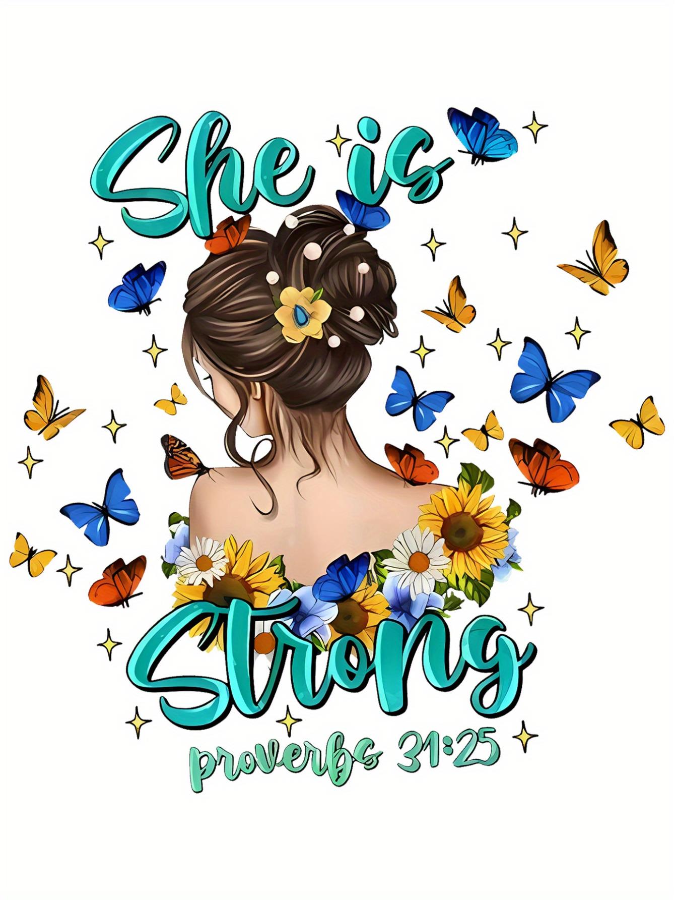 thumbnail image 3 of Women's Inspirational T-Shirt, "She is Strong" with Floral Butterfly Print, Casual Round Neck Short Sleeve, Comfortable Summer Top, Polyester Knit Fabric, All Seasons Fashion Tee, 3 of 8