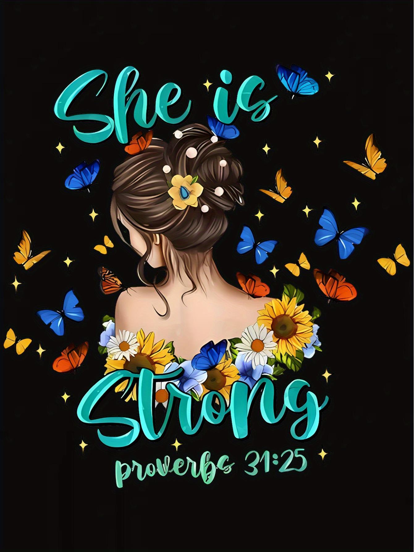 thumbnail image 4 of Women's Inspirational T-Shirt, "She is Strong" with Floral Butterfly Print, Casual Round Neck Short Sleeve, Comfortable Summer Top, Polyester Knit Fabric, All Seasons Fashion Tee, 4 of 8