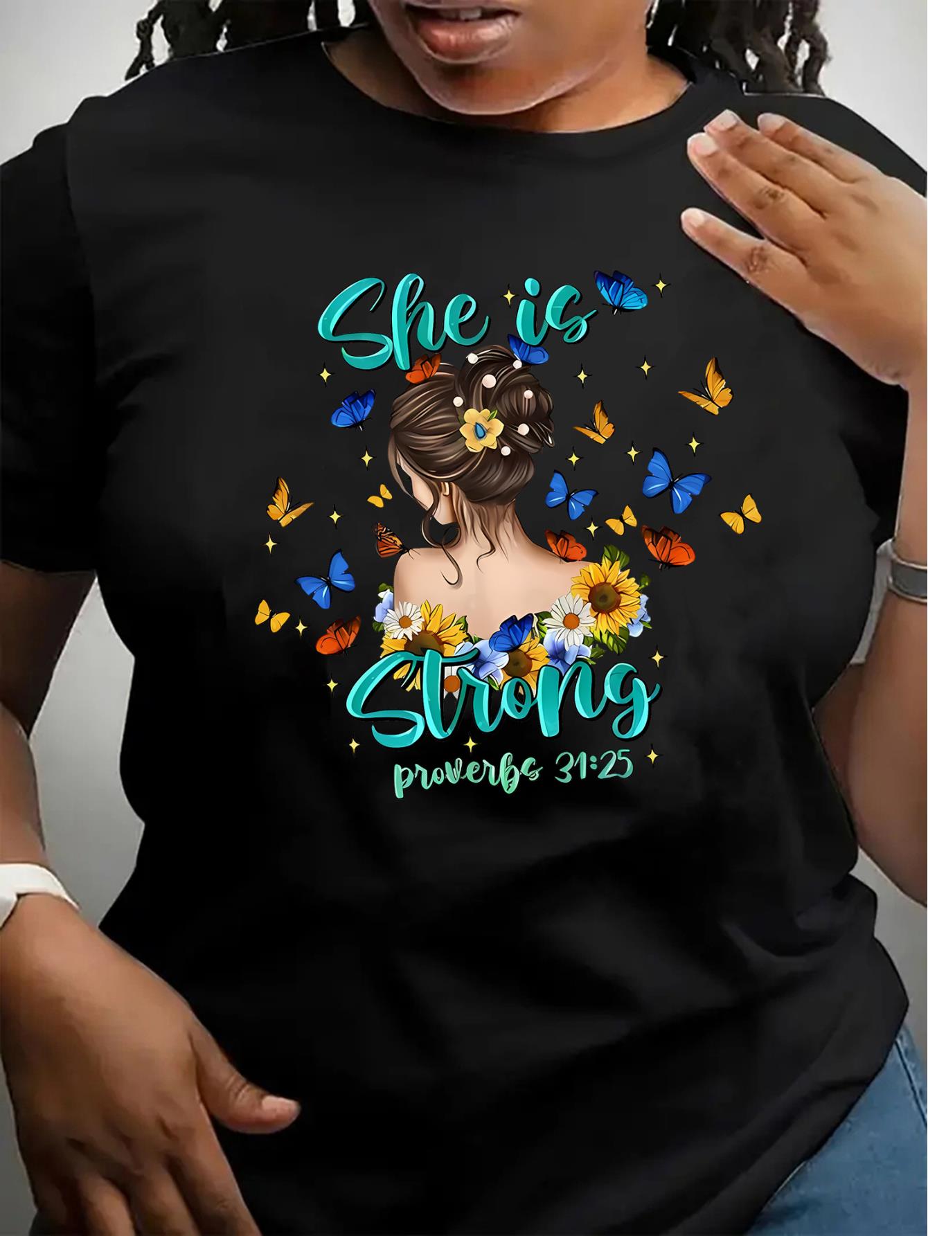 Women's Inspirational T-Shirt, "She is Strong" with Floral Butterfly Print, Casual Round Neck Short Sleeve, Comfortable Summer Top, Polyester Knit Fabric, All Seasons Fashion Tee