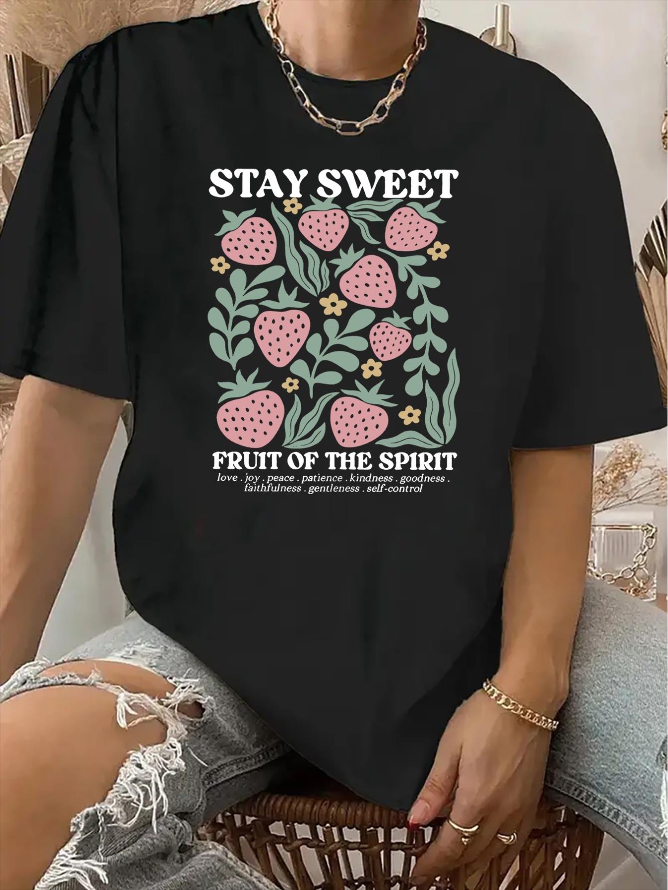thumbnail image 1 of Vintage Style Geometric Strawberry Print T-Shirt for Women - Short Sleeve, Polyester, Regular Fit, Summer Collection, 1 of 7