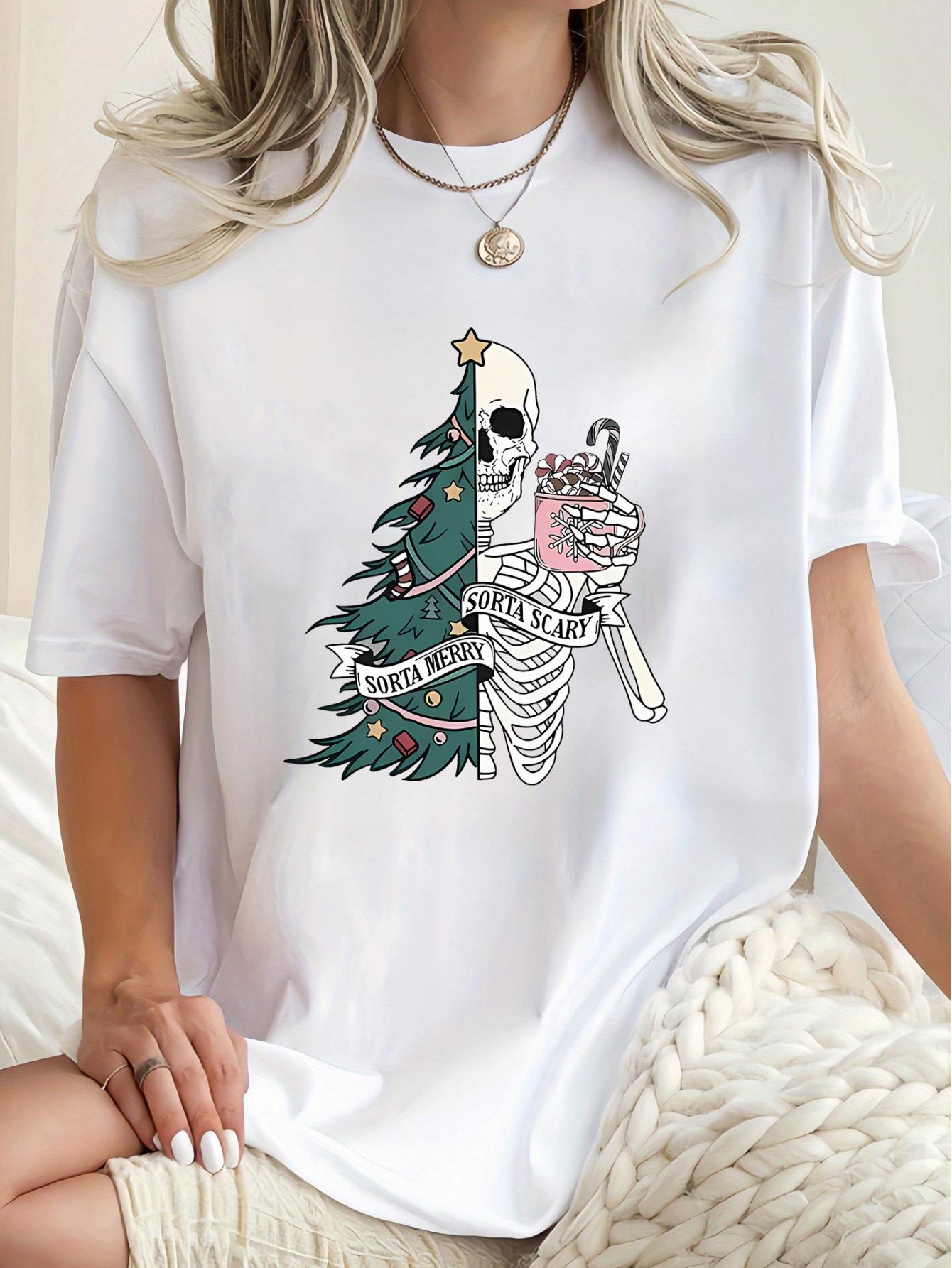 thumbnail image 2 of Women's Casual Christmas Tree & Skull Graphic Tee - Comfy Crew Neck Short Sleeve T-Shirt, Perfect for Holiday & Summer, 2 of 8