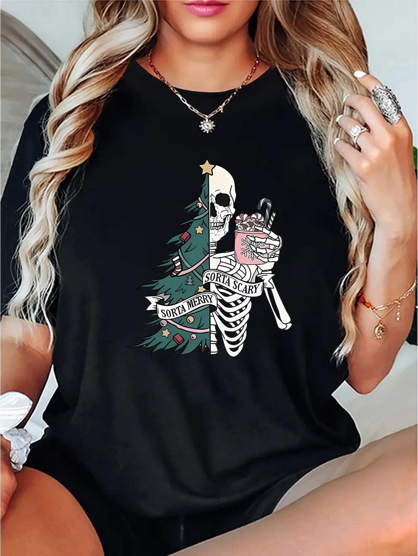 Women's Casual Christmas Tree & Skull Graphic Tee - Comfy Crew Neck Short Sleeve T-Shirt, Perfect for Holiday & Summer