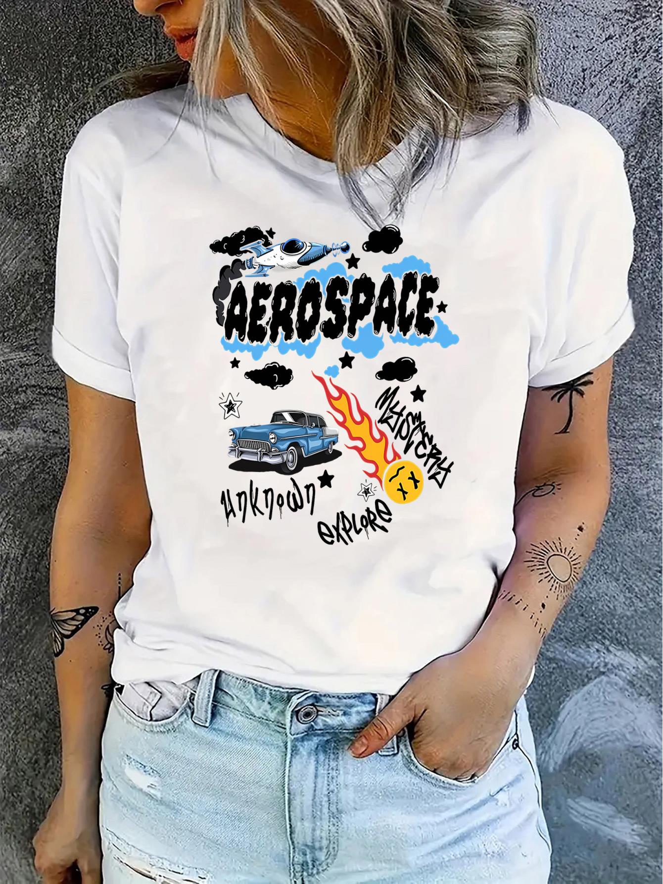 thumbnail image 2 of 1pc Women'S Casual Round Neck Short Sleeve T-Shirt with Geometric Car and Flame Print, Polyester Fabric, Comfortable All-Season Fashion Top, 2 of 8