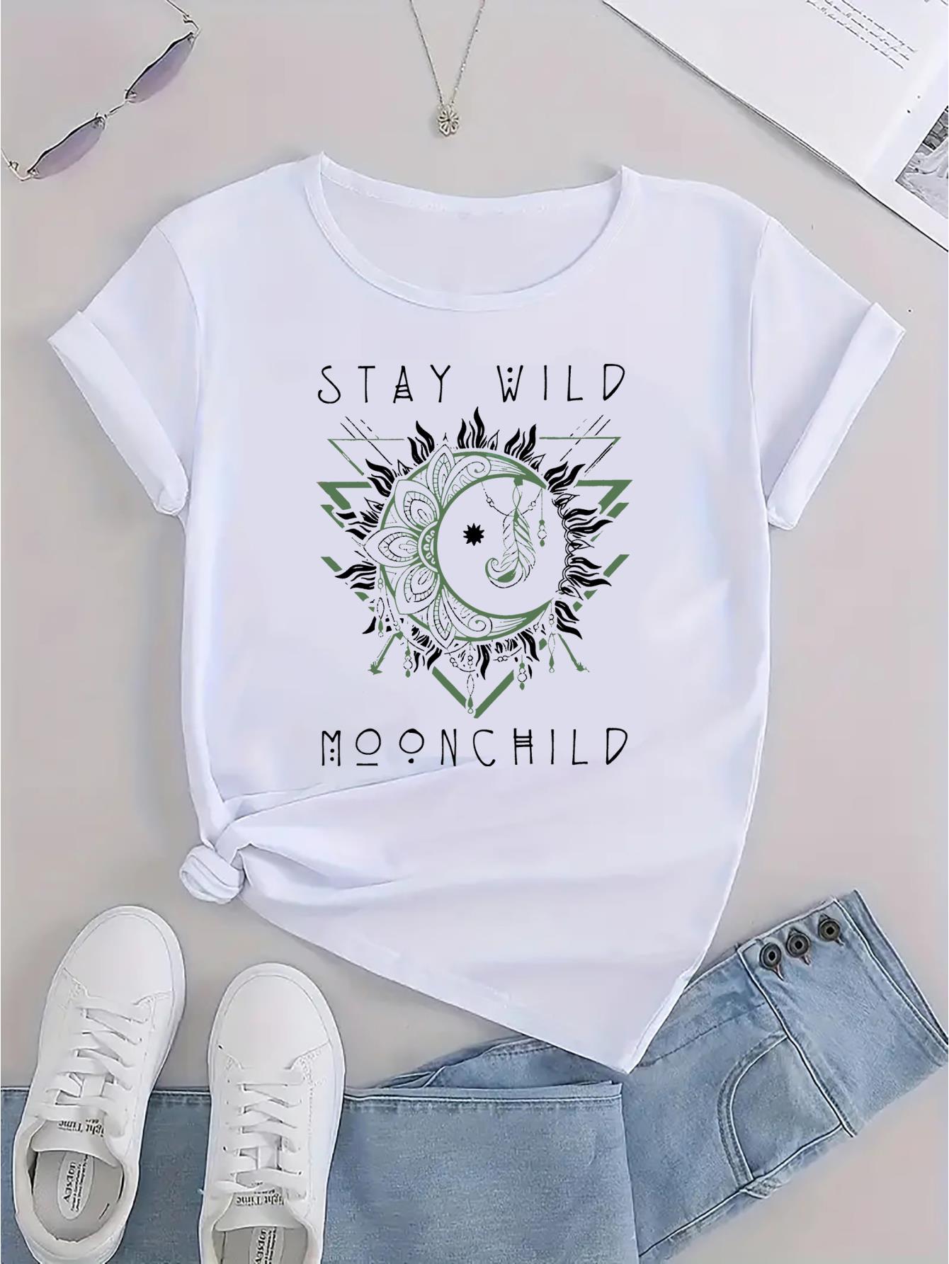 thumbnail image 3 of 1pc Moonchild Mandala Graphic Tee, Women'S Casual Crew Neck Short Sleeve T-Shirt, Polyester Knit Fabric with Medium Stretch, All-Season Fashion Top, 3 of 8