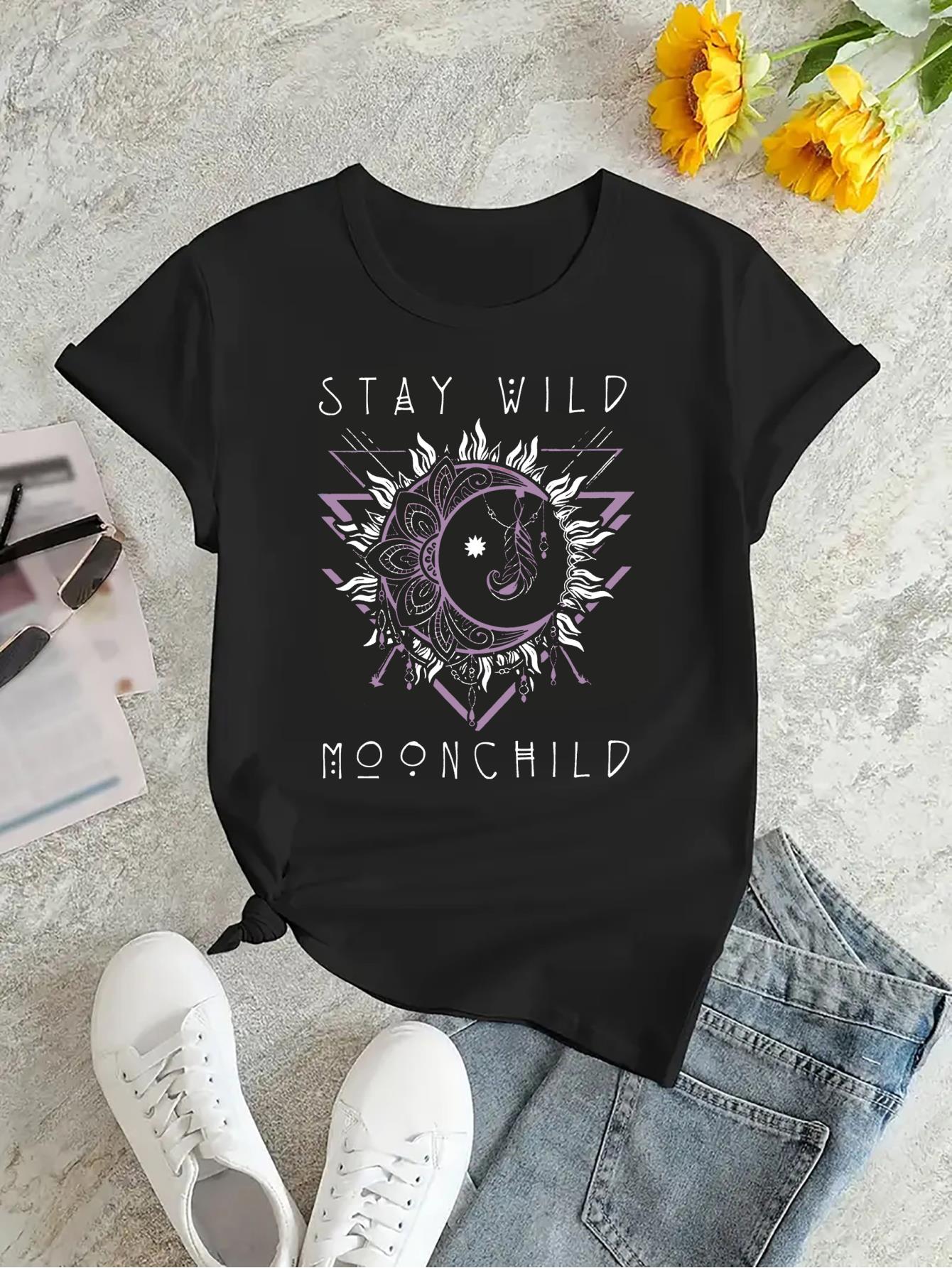 thumbnail image 4 of 1pc Moonchild Mandala Graphic Tee, Women'S Casual Crew Neck Short Sleeve T-Shirt, Polyester Knit Fabric with Medium Stretch, All-Season Fashion Top, 4 of 8