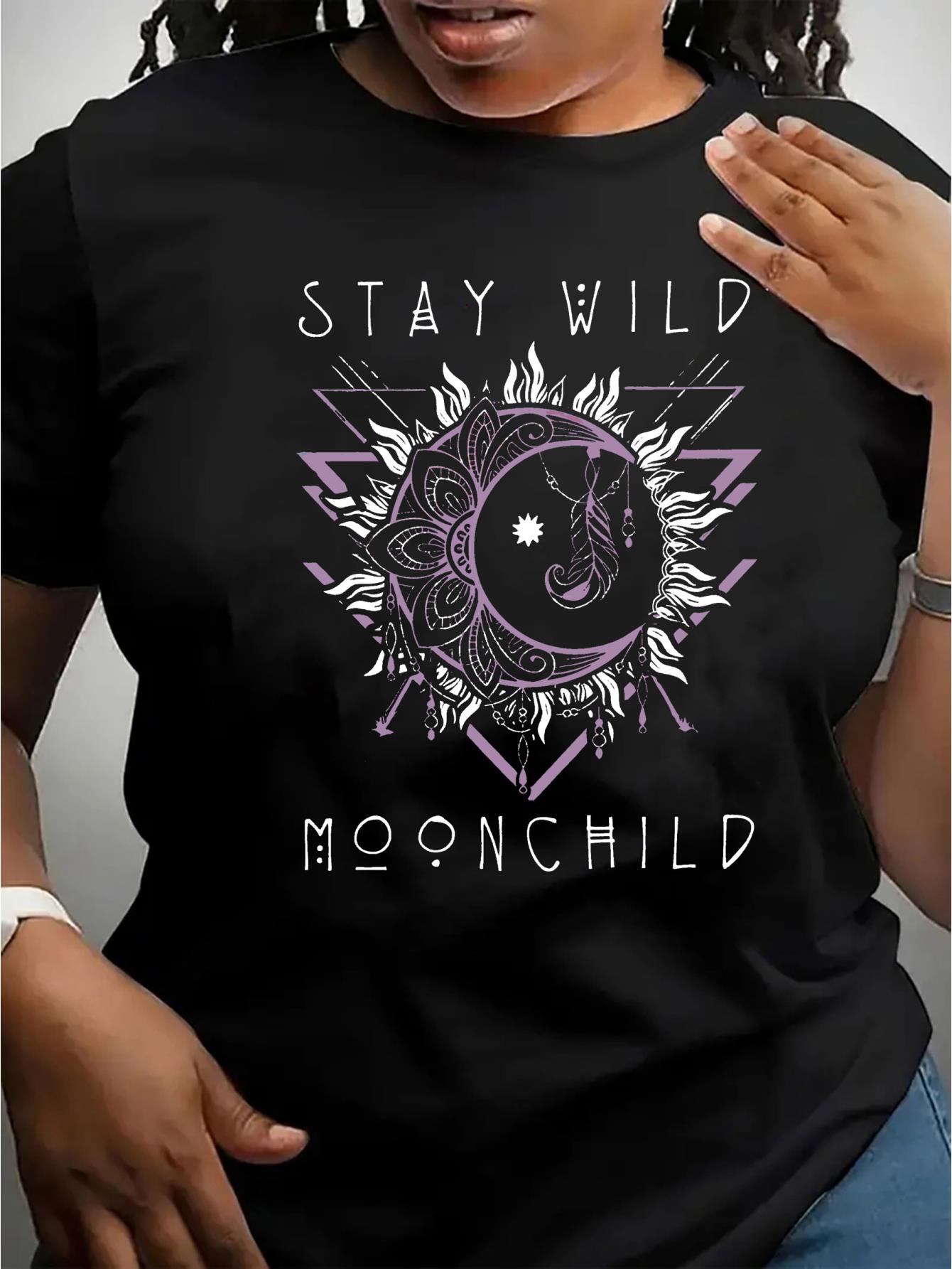 thumbnail image 2 of 1pc Moonchild Mandala Graphic Tee, Women'S Casual Crew Neck Short Sleeve T-Shirt, Polyester Knit Fabric with Medium Stretch, All-Season Fashion Top, 2 of 8