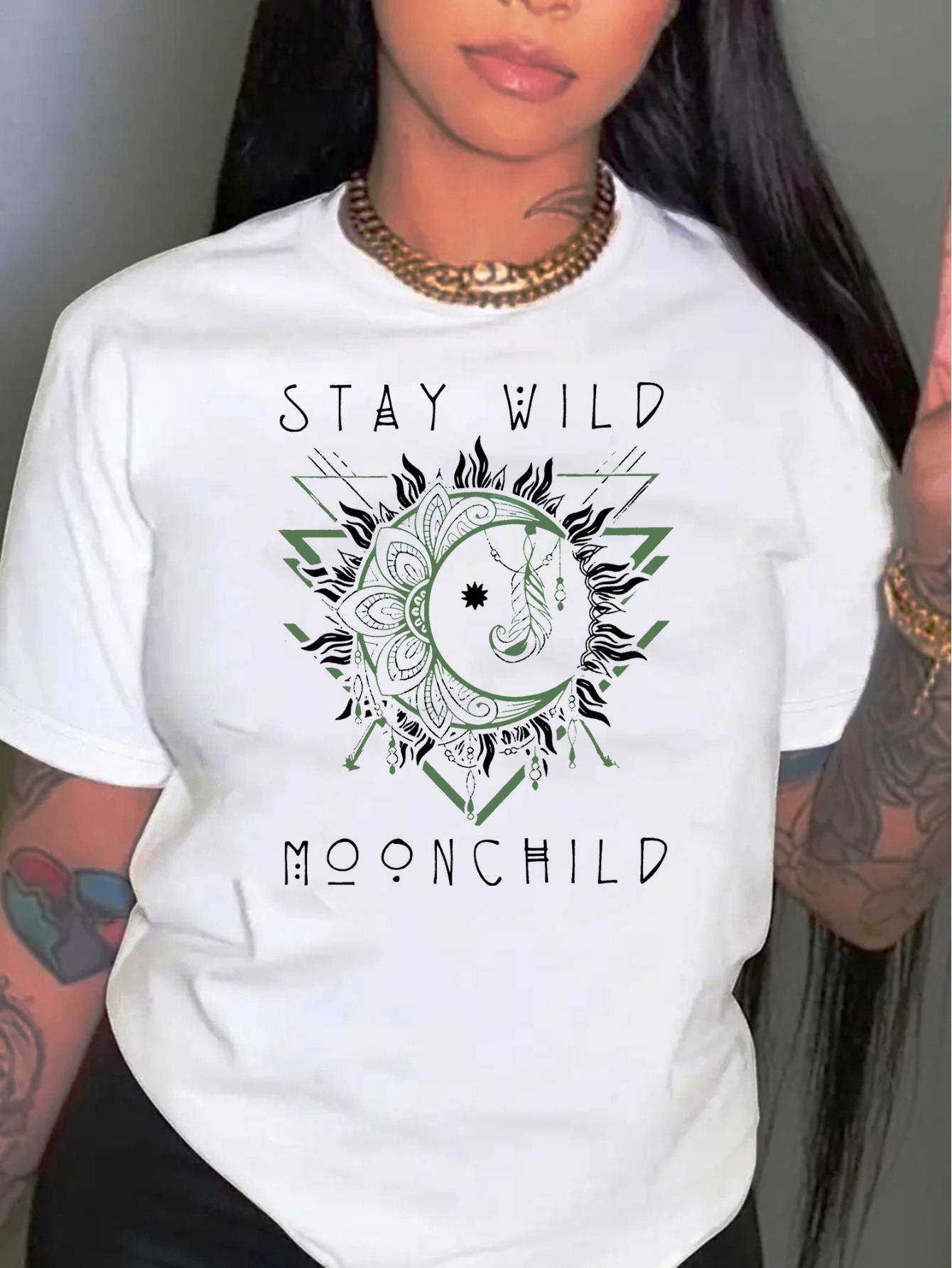 thumbnail image 1 of 1pc Moonchild Mandala Graphic Tee, Women'S Casual Crew Neck Short Sleeve T-Shirt, Polyester Knit Fabric with Medium Stretch, All-Season Fashion Top, 1 of 8