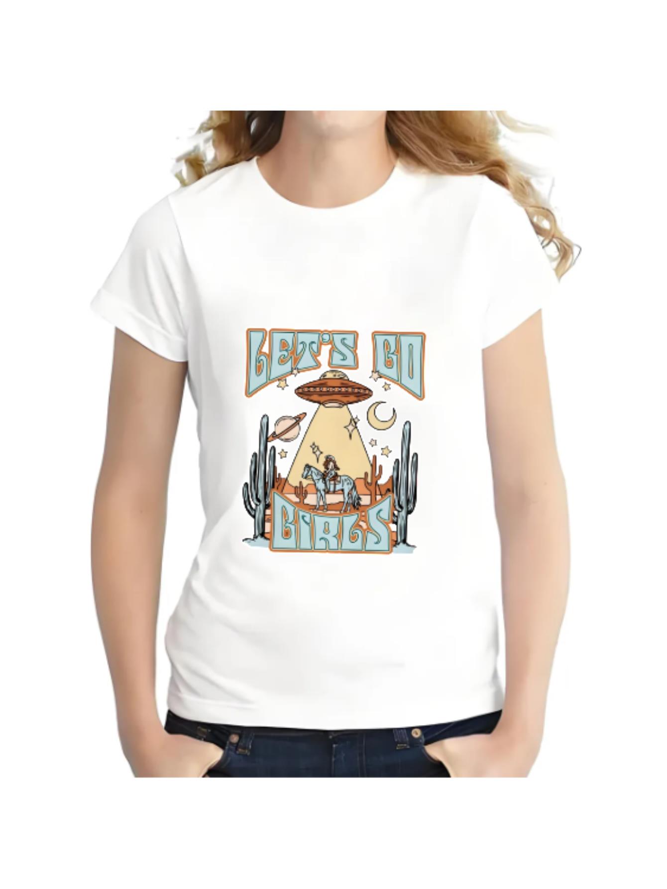 thumbnail image 1 of Summer Casual Short Sleeve T-Shirt for Women with Cartoon UFO and Cactus Print, Polyester Knit Fabric, Round Neck, Regular Fit, 1 of 8