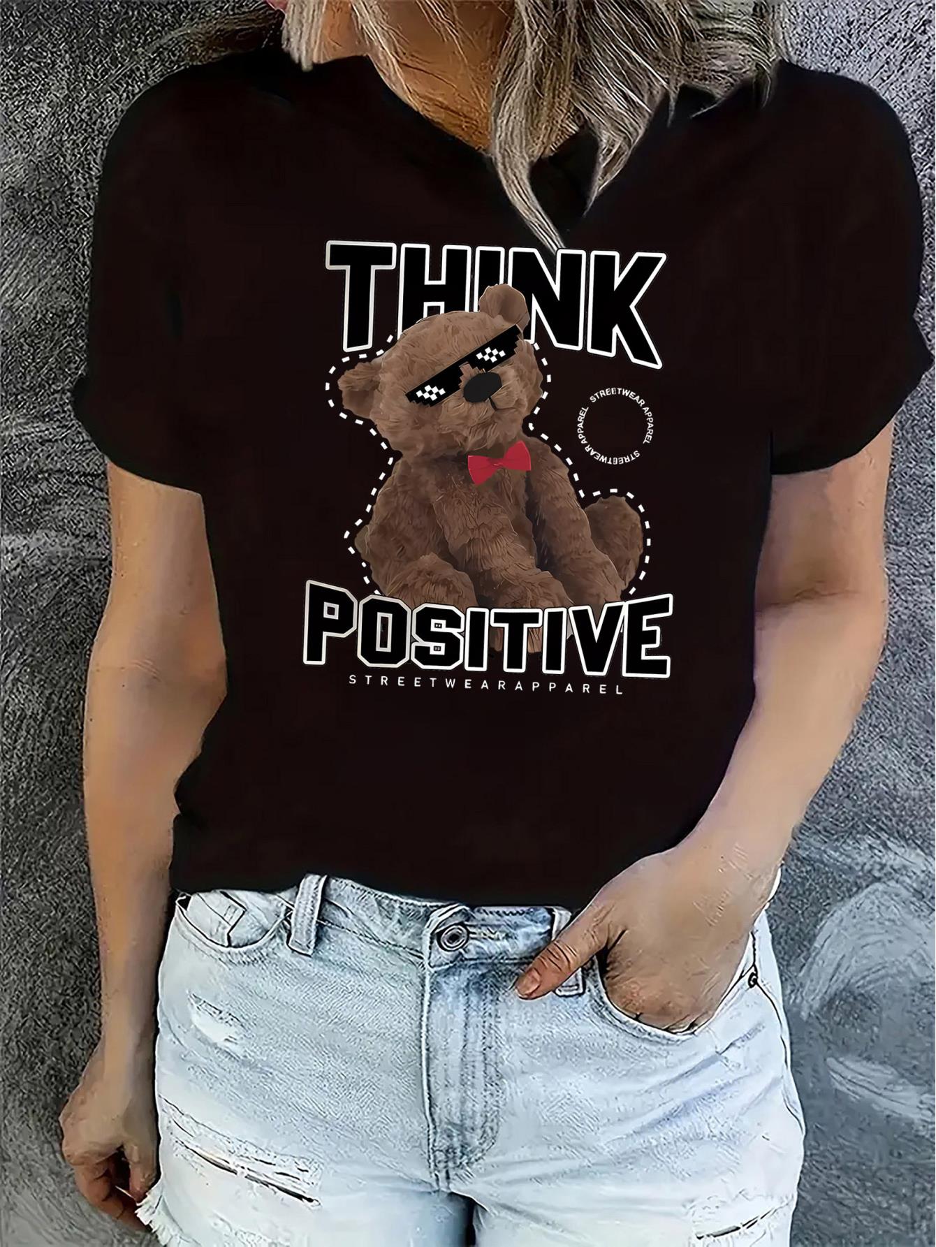thumbnail image 1 of Chic Bear Graphic Tee for Women - Casual Crew Neck Short Sleeve, Stretchy Polyester Blend, Machine Washable - Perfect Summer Top, 1 of 8