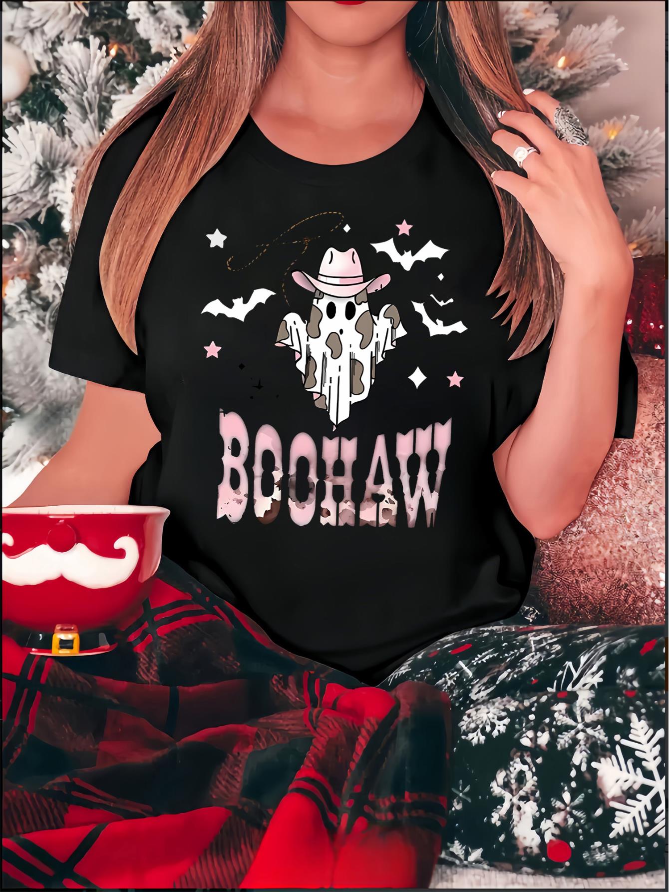 thumbnail image 1 of Women's "Boho Haw" Print Fashion Tee - Casual & Sporty Round Neck Short Sleeve, Comfortable Polyester Blend Summer Top with Festive Holiday Vibes, 1 of 8