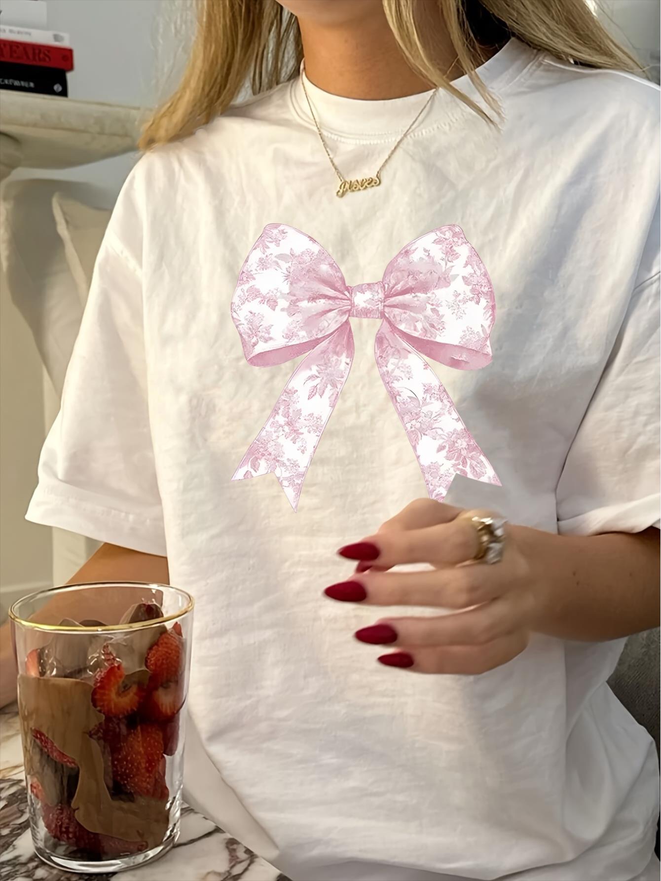 thumbnail image 1 of Women'S Vintage Crew Neck T-Shirt, Geometric-Pattern Print, Polyester Knit Fabric, Regular Length, Summer Casual Top, 200g/m2 - Pink Bow Design, 1 of 6