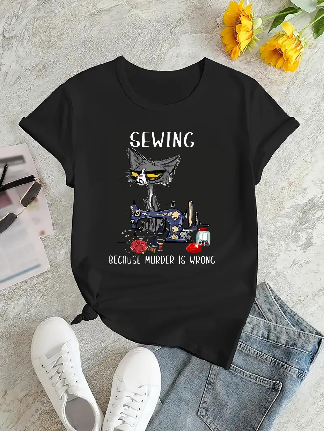 thumbnail image 3 of Chic Cat Print Women's T-Shirt - Casual Crew Neck, Short Sleeve, Stretchy Polyester Blend, Machine Washable - Perfect for Summer & Casual Attire, 3 of 8