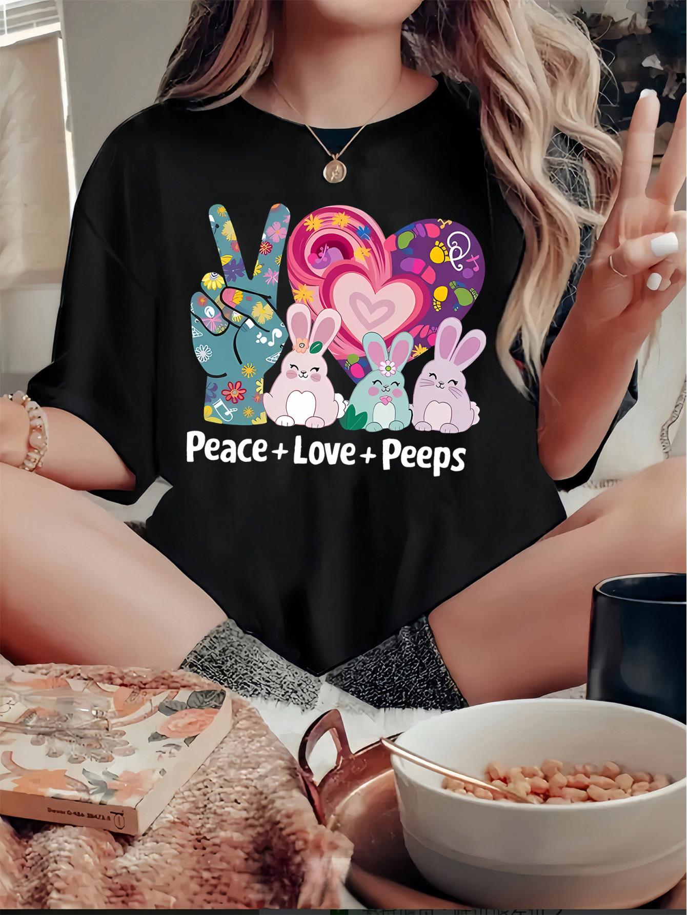 Peace & Love Heart Graphic Tee for Women - Casual Crew Neck Short Sleeve T-Shirt, Stretchy Polyester Blend, Machine Washable - Perfect for Summer