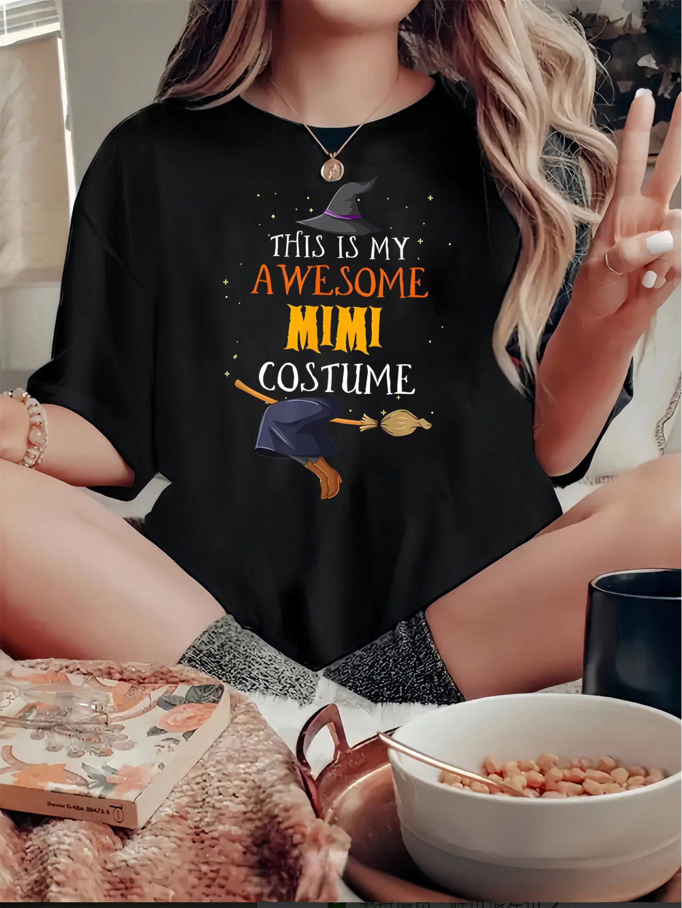 thumbnail image 2 of 1pc Women'S Casual Crew Neck T-Shirt with Witch and Broom Print - Polyester Knit Fabric, Medium Stretch, All-Season Comfort, Fashionable Short Sleeve Top for Casual Wear, for Halloween, 2 of 8