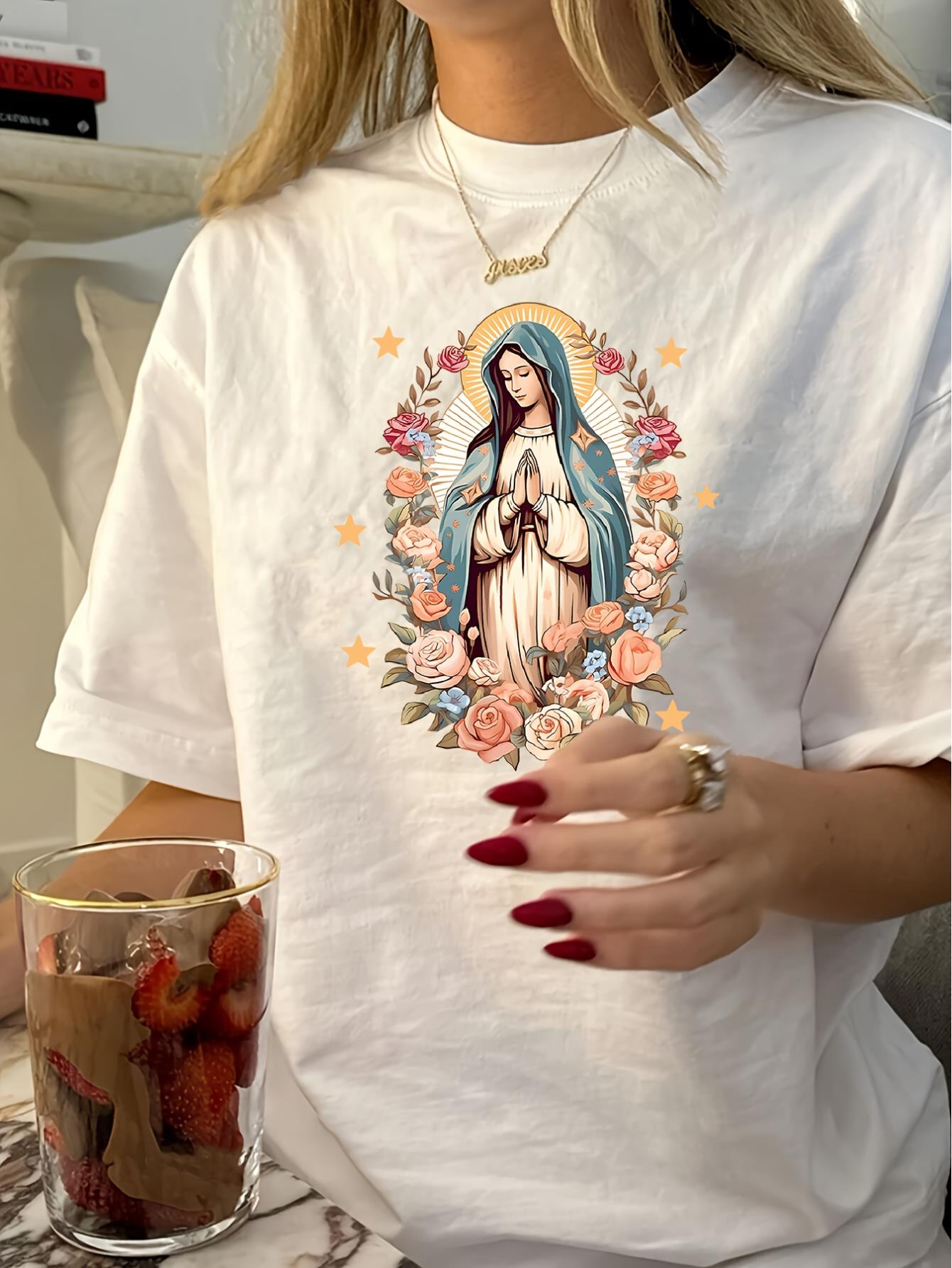 thumbnail image 1 of Women's Vintage-Inspired Round Neck T-Shirt with Virgin Mary & Floral Print - Casual Polyester Short Sleeve Top, Machine Washable, Perfect for Summer, 1 of 7