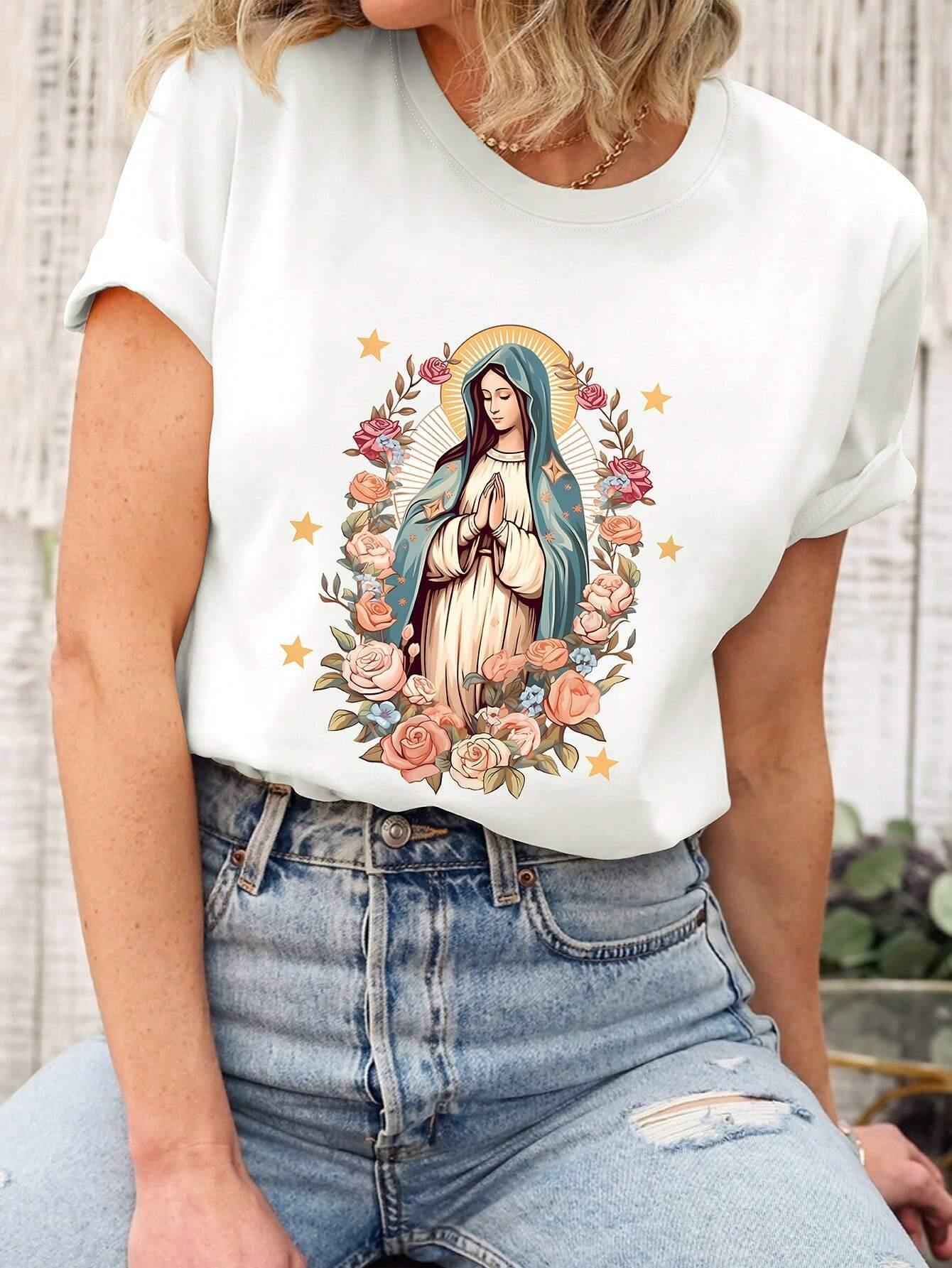 thumbnail image 2 of Women's Vintage-Inspired Round Neck T-Shirt with Virgin Mary & Floral Print - Casual Polyester Short Sleeve Top, Machine Washable, Perfect for Summer, 2 of 7