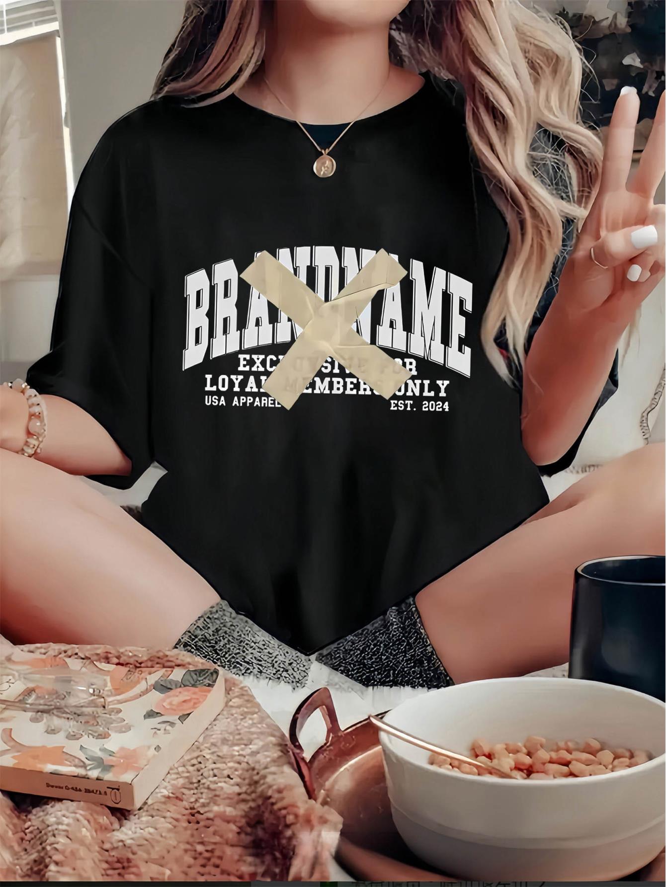 thumbnail image 1 of 1pc Women'S Fashionable Casual Crew Neck T-Shirt with Geometric-Patterned Print, Polyester Knit Fabric, Medium Stretch, All-Season Comfort - Black & White, 1 of 8