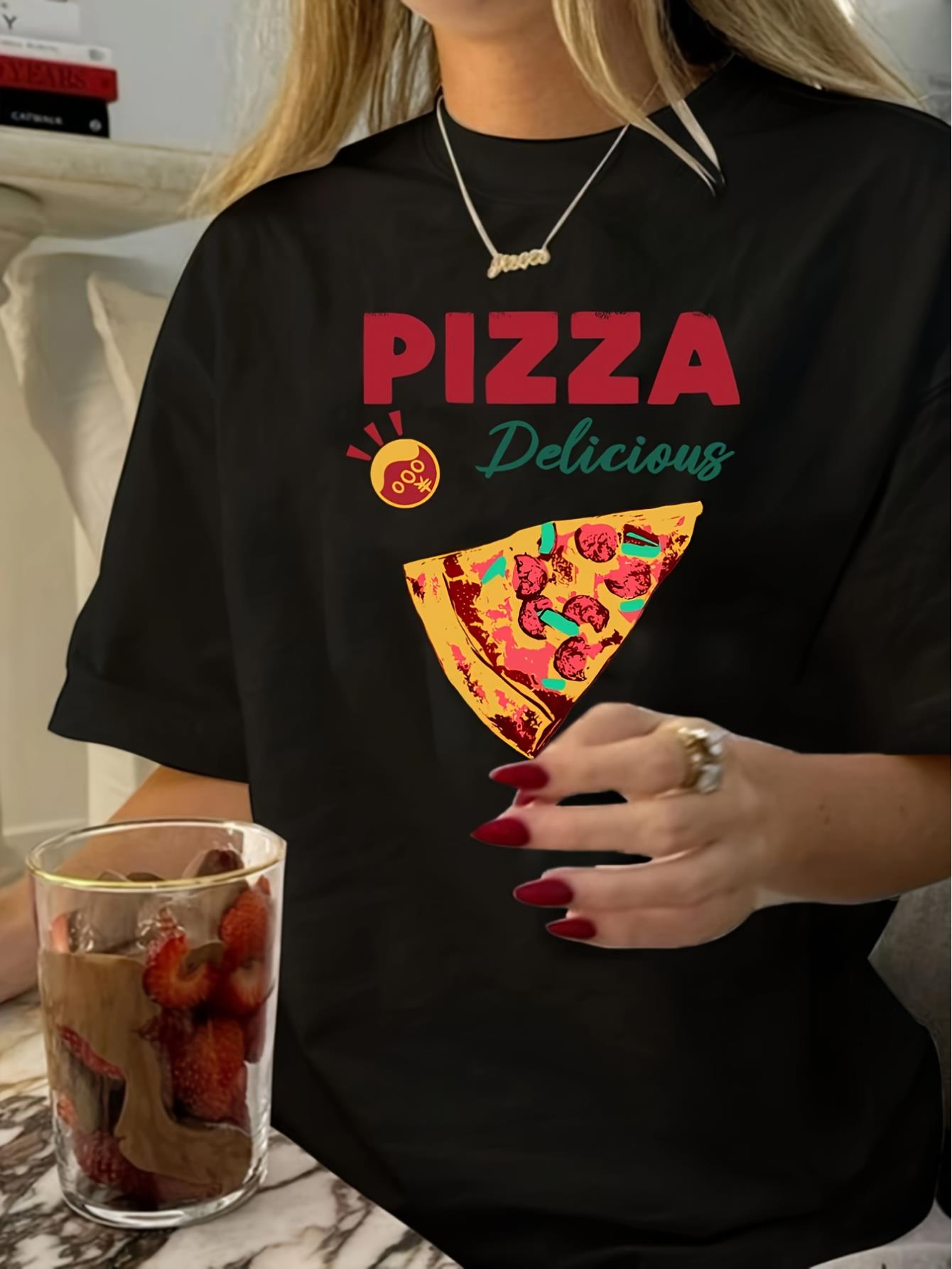 Vintage Pizza Print Round Neck T-Shirt for Women, Short Sleeve, Polyester, Machine Washable