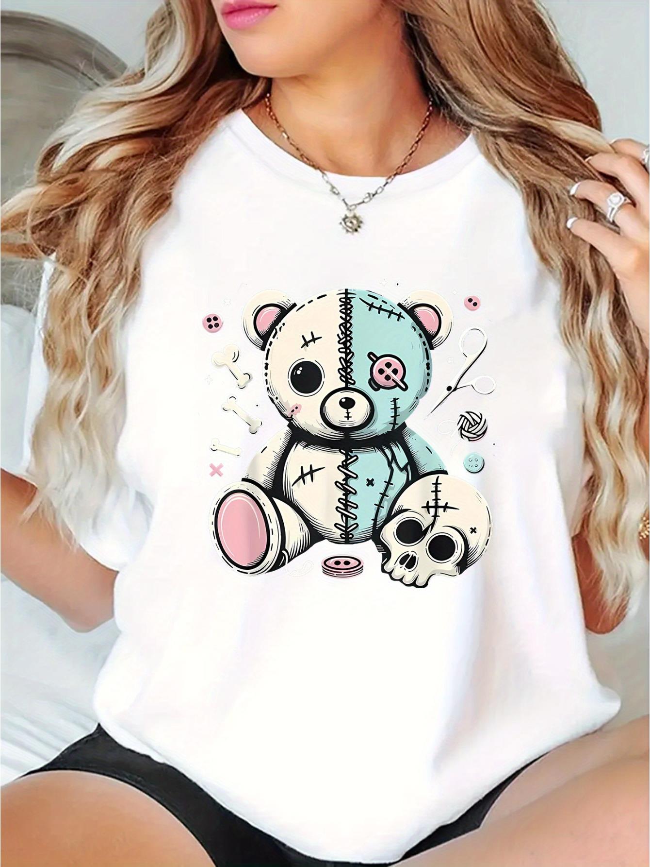 thumbnail image 1 of Women's Casual Skull Bear Graphic Tee - Comfy Crew Neck Short Sleeve T-Shirt, Perfect for Summer & Sports, 1 of 8
