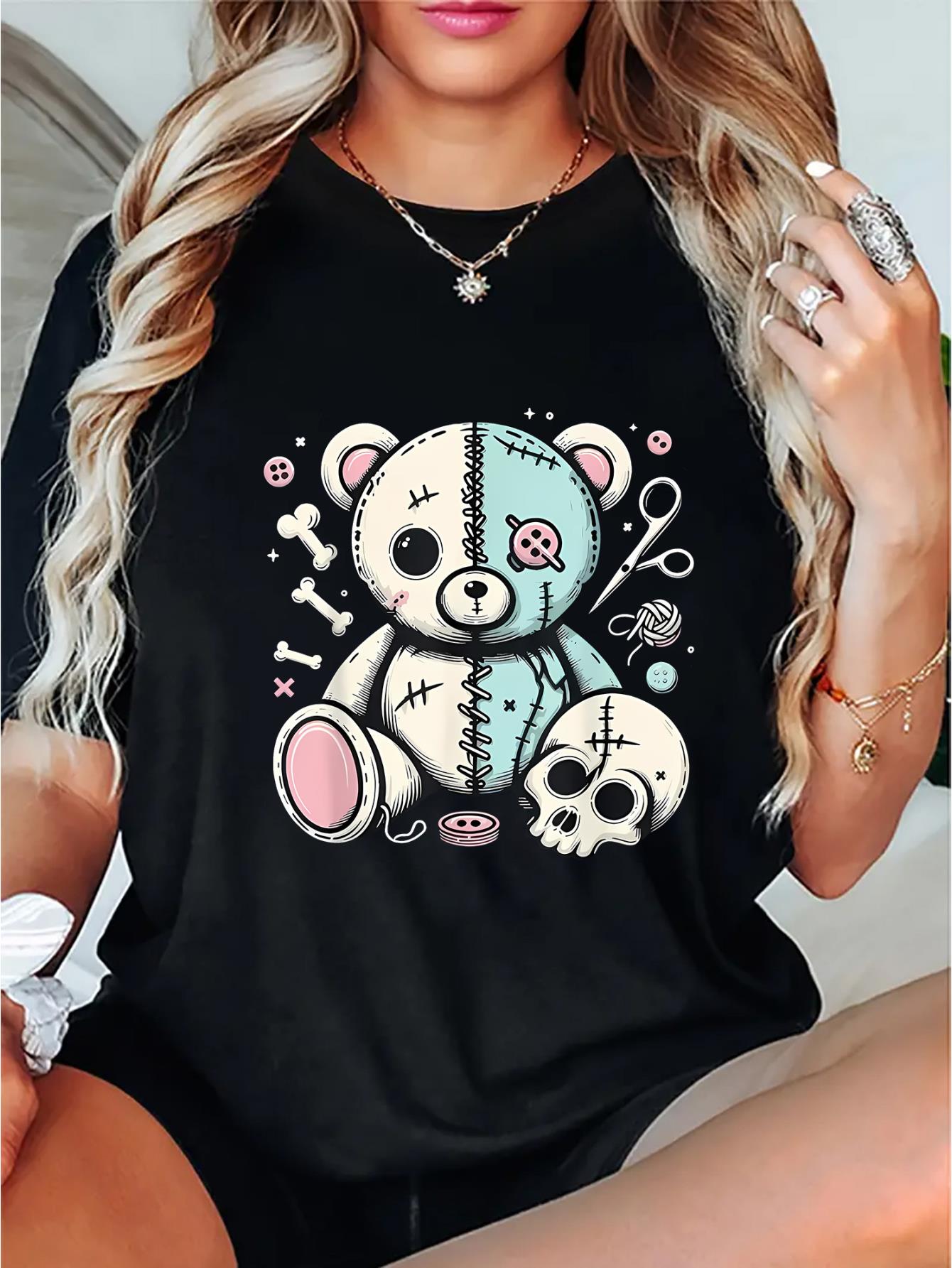thumbnail image 2 of Women's Casual Skull Bear Graphic Tee - Comfy Crew Neck Short Sleeve T-Shirt, Perfect for Summer & Sports, 2 of 8
