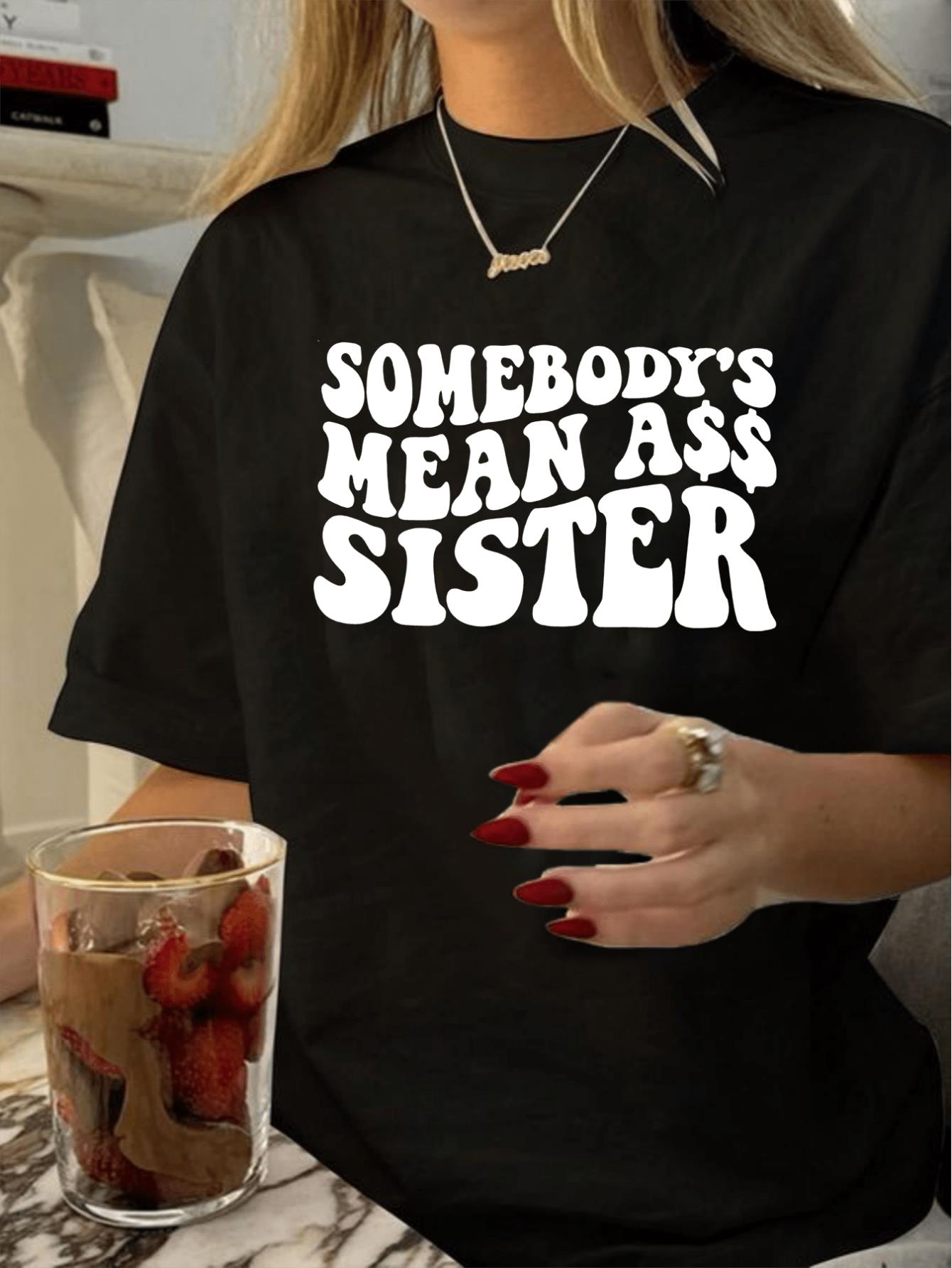 thumbnail image 1 of [1pc Vintage Style Printed T-Shirt] 1pc Vintage Style "Somebody'S Mean Ass Sister" Printed T-Shirt for Women - Polyester Knit Fabric, Crew Neck, Short Sleeve, Regular Length, Geometric Pattern, Summe, 1 of 6