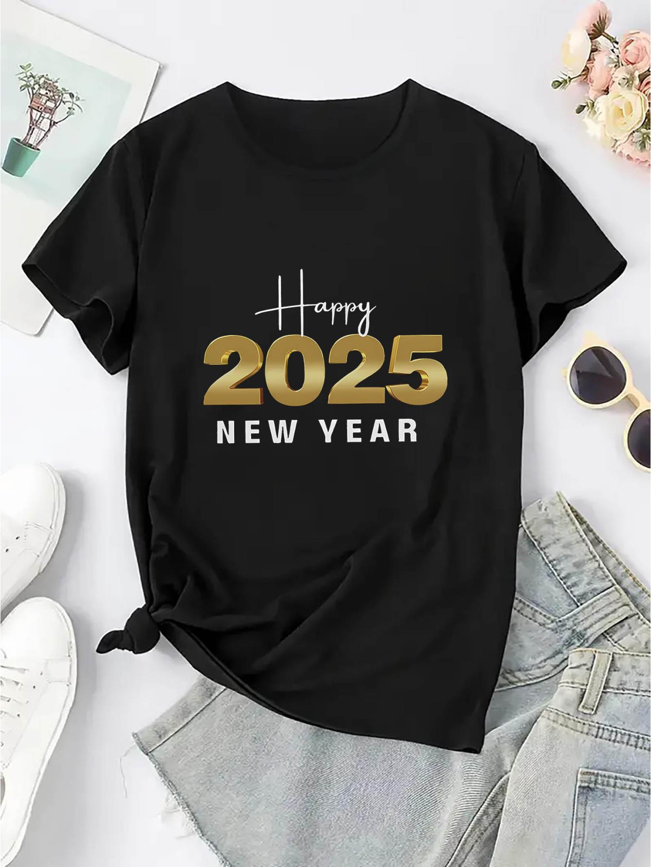 thumbnail image 3 of Happy New Year 2025! Women'S Trendy Round-Neck Short-Sleeve T-Shirt with a Simple And Casual Sporty Design, Perfect for Comfortable Summer Wear During The Holidays., 3 of 8