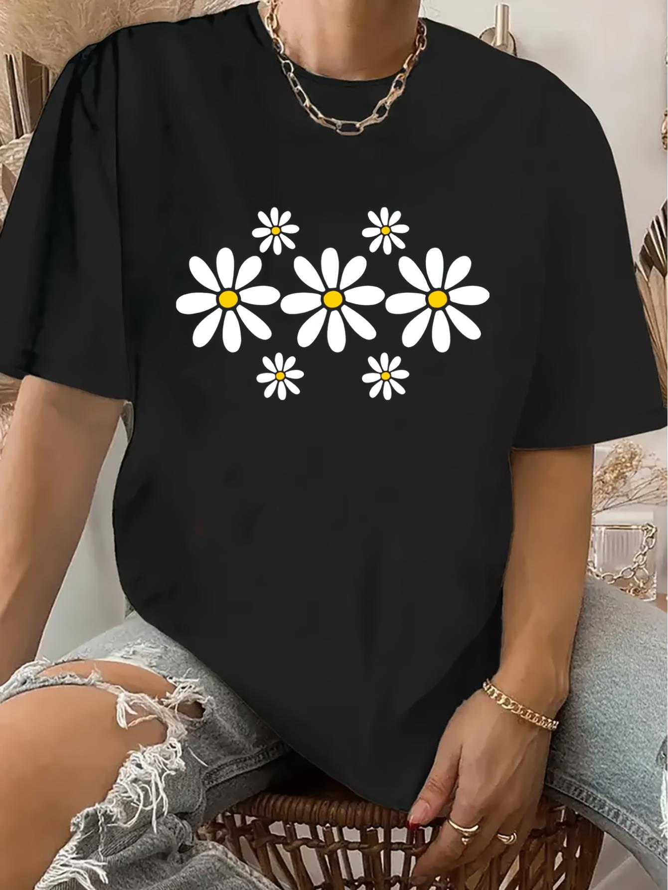 Retro-Inspired Daisy Print Women's T-Shirt - Casual Round Neck, Short Sleeve, Polyester, Machine Washable, Black with White Floral Design