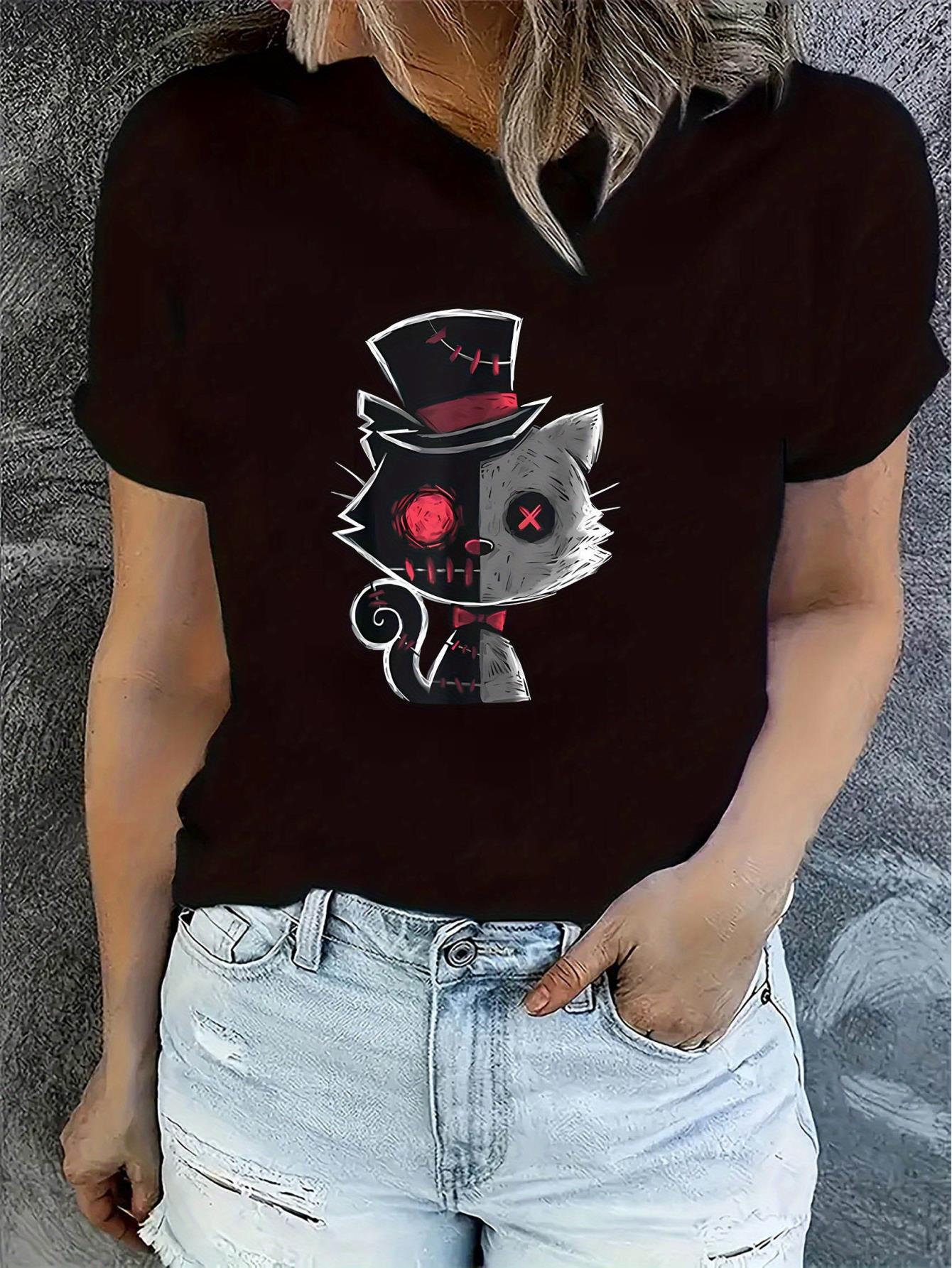 Casual Magic Cat Pattern Women's Fashion Trendy Round Neck Short Sleeve T-Shirt, Simple Leisure Sports Top, Comfortable Summer Top for Women