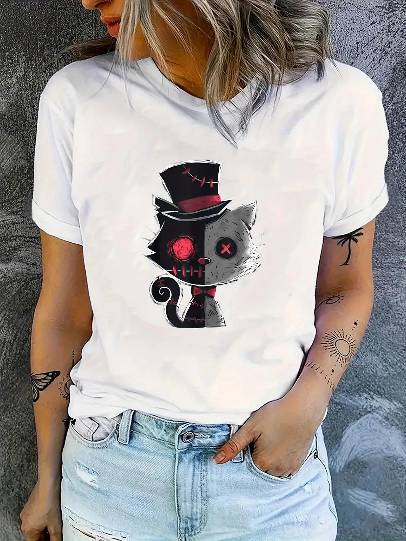 thumbnail image 2 of Casual Magic Cat Pattern Women's Fashion Trendy Round Neck Short Sleeve T-Shirt, Simple Leisure Sports Top, Comfortable Summer Top for Women, 2 of 8