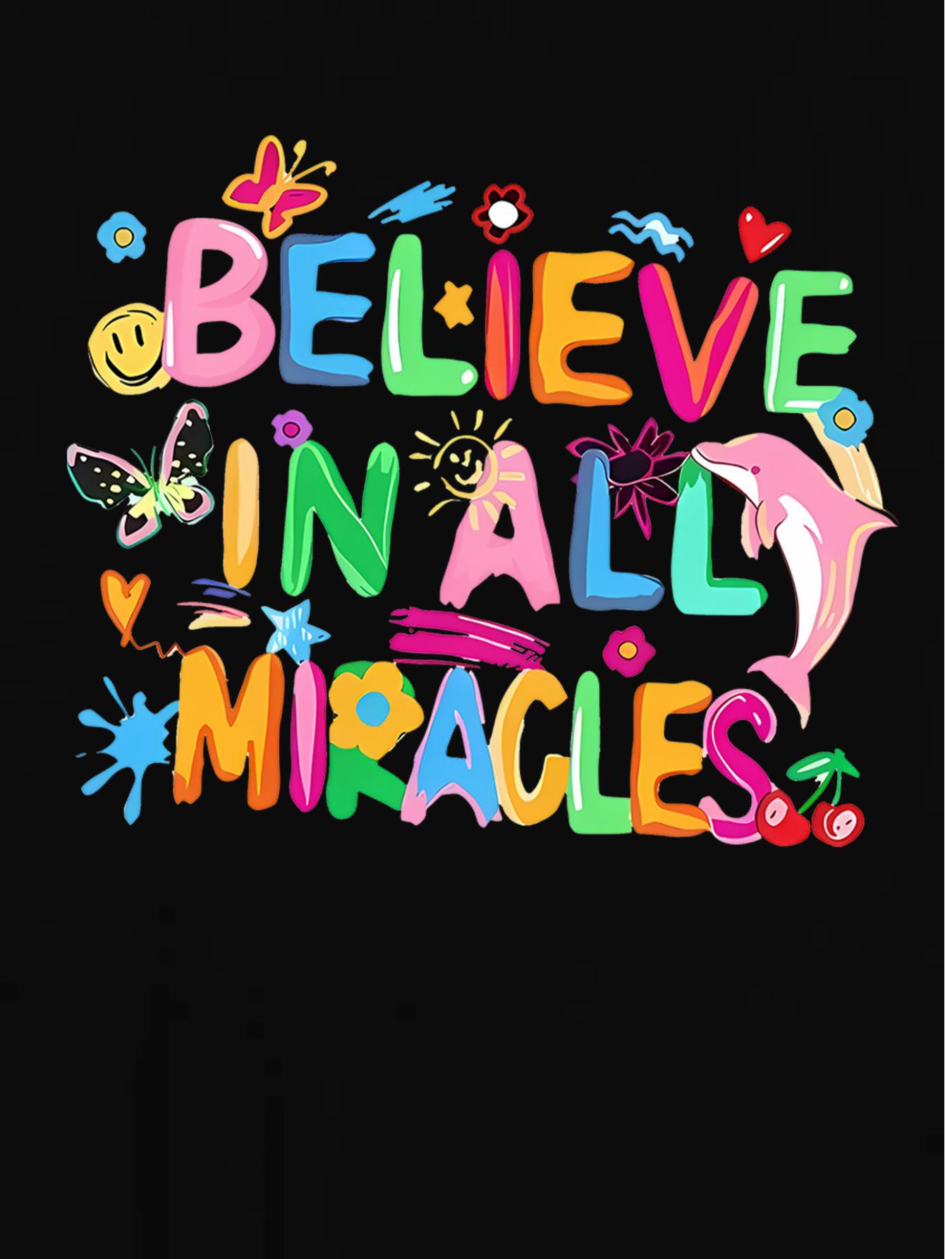 thumbnail image 3 of 1pc Women'S Casual Crew Neck T-Shirt with Colorful "Believe in All Miracles" Print, Polyester Knit Fabric, Animal Pattern, Medium Stretch, All-Season Comfort Fit, 3 of 8