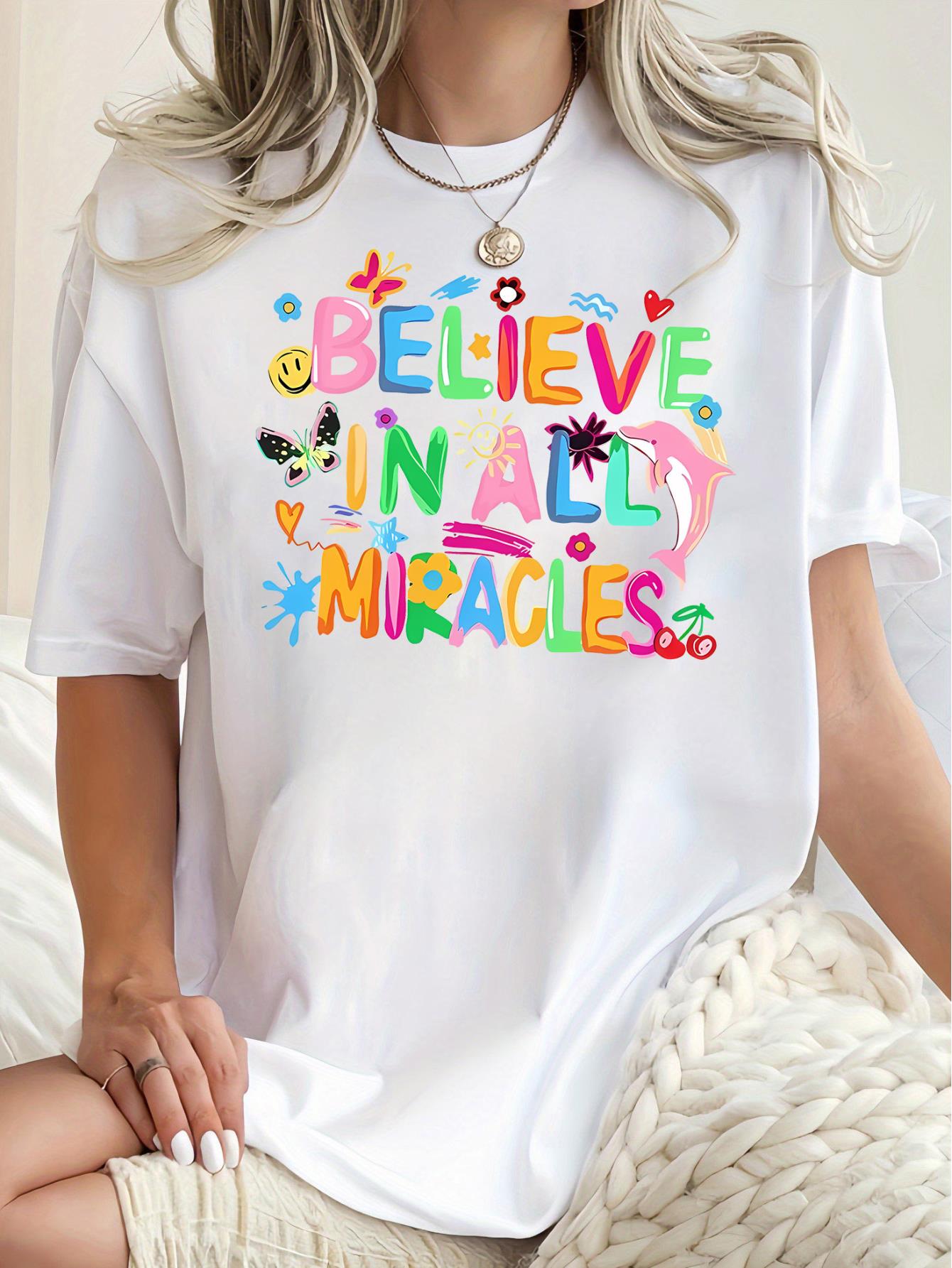 thumbnail image 2 of 1pc Women'S Casual Crew Neck T-Shirt with Colorful "Believe in All Miracles" Print, Polyester Knit Fabric, Animal Pattern, Medium Stretch, All-Season Comfort Fit, 2 of 8