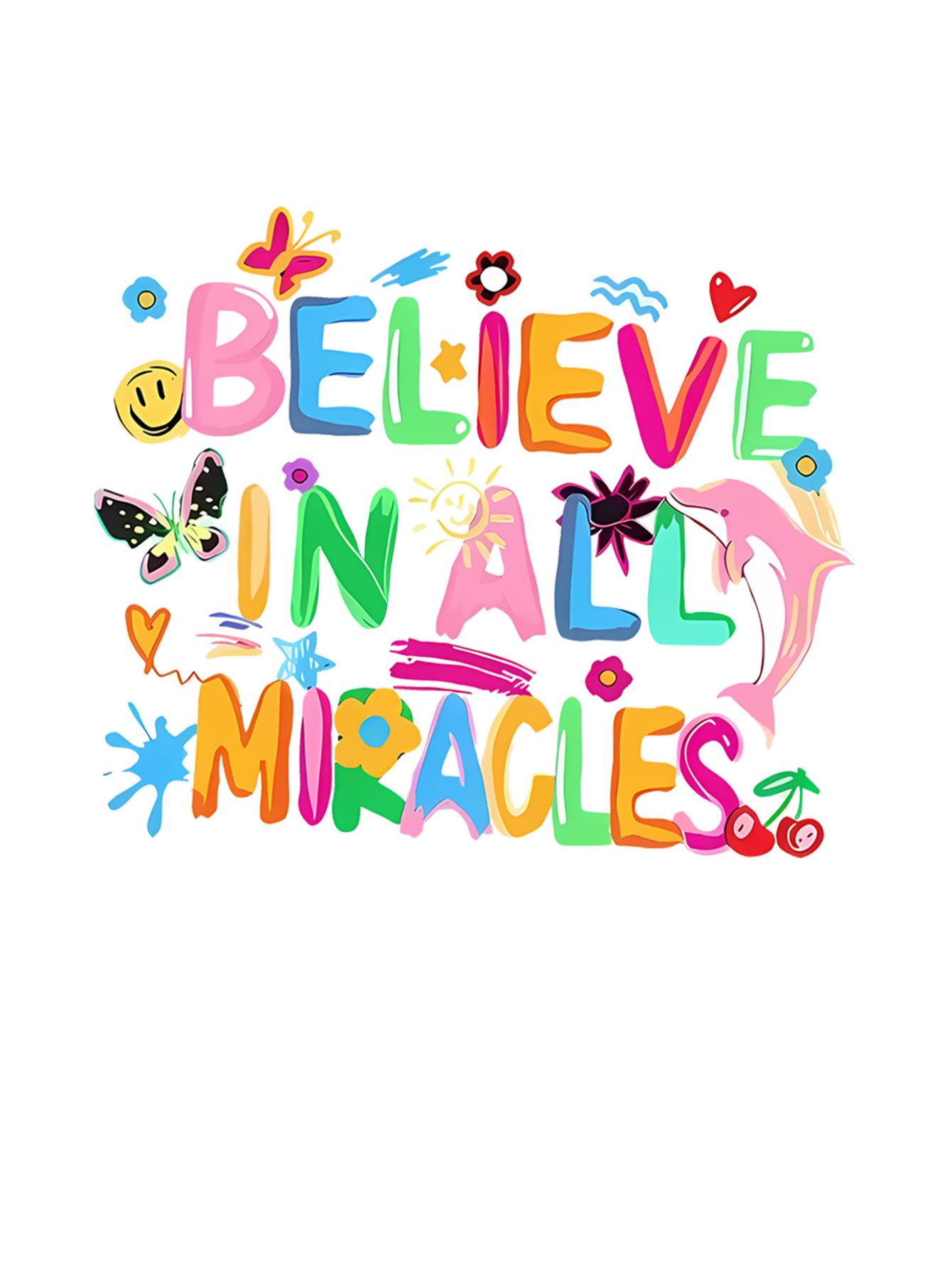 thumbnail image 4 of 1pc Women'S Casual Crew Neck T-Shirt with Colorful "Believe in All Miracles" Print, Polyester Knit Fabric, Animal Pattern, Medium Stretch, All-Season Comfort Fit, 4 of 8