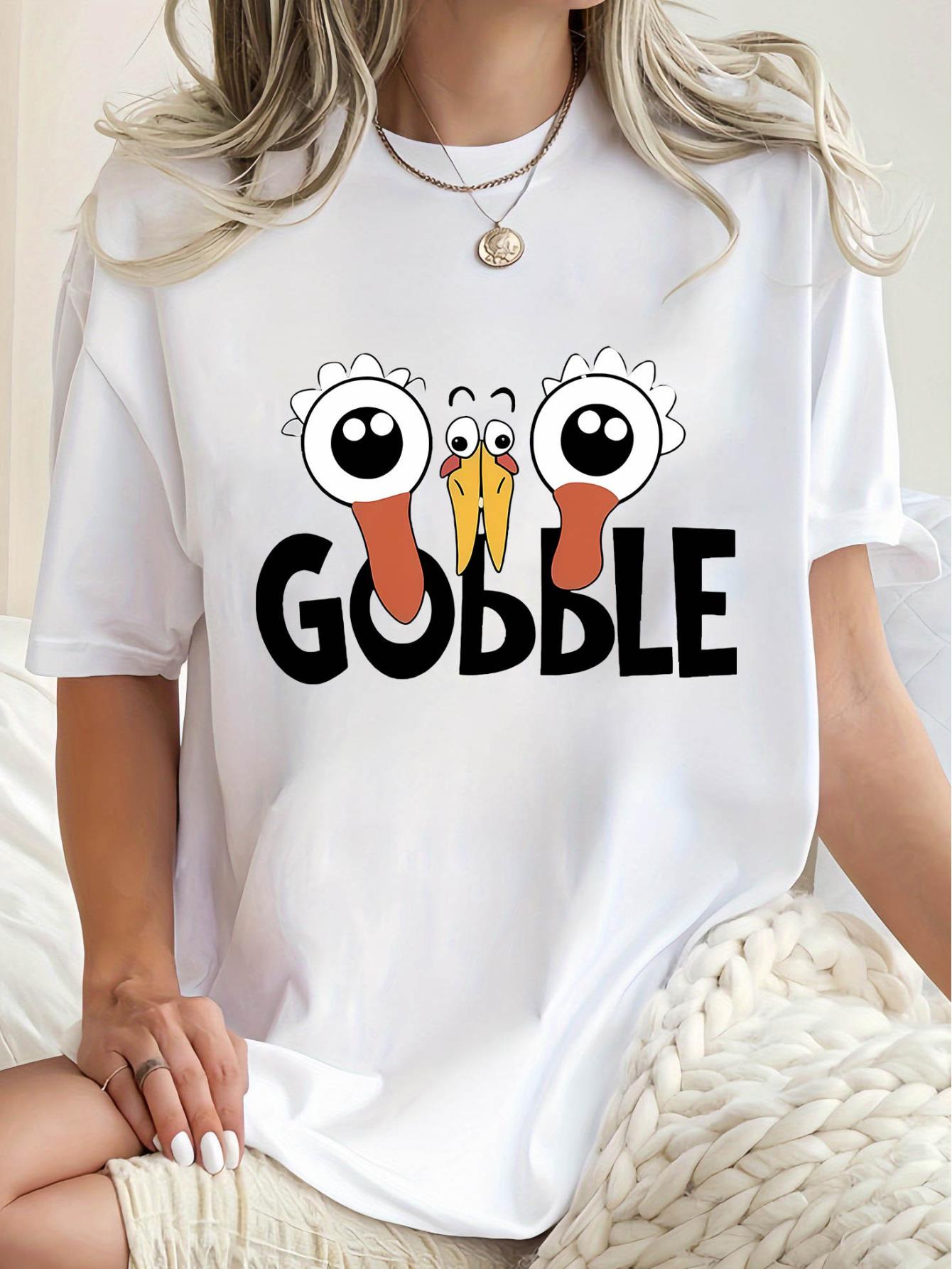 thumbnail image 1 of Women'S Casual Crew Neck T-Shirt, Polyester Knit Fabric with Medium Stretch, Animal Pattern, Short Sleeve Tee with Creative Fun Turkey Graphic Print for All Seasons, 1 of 8