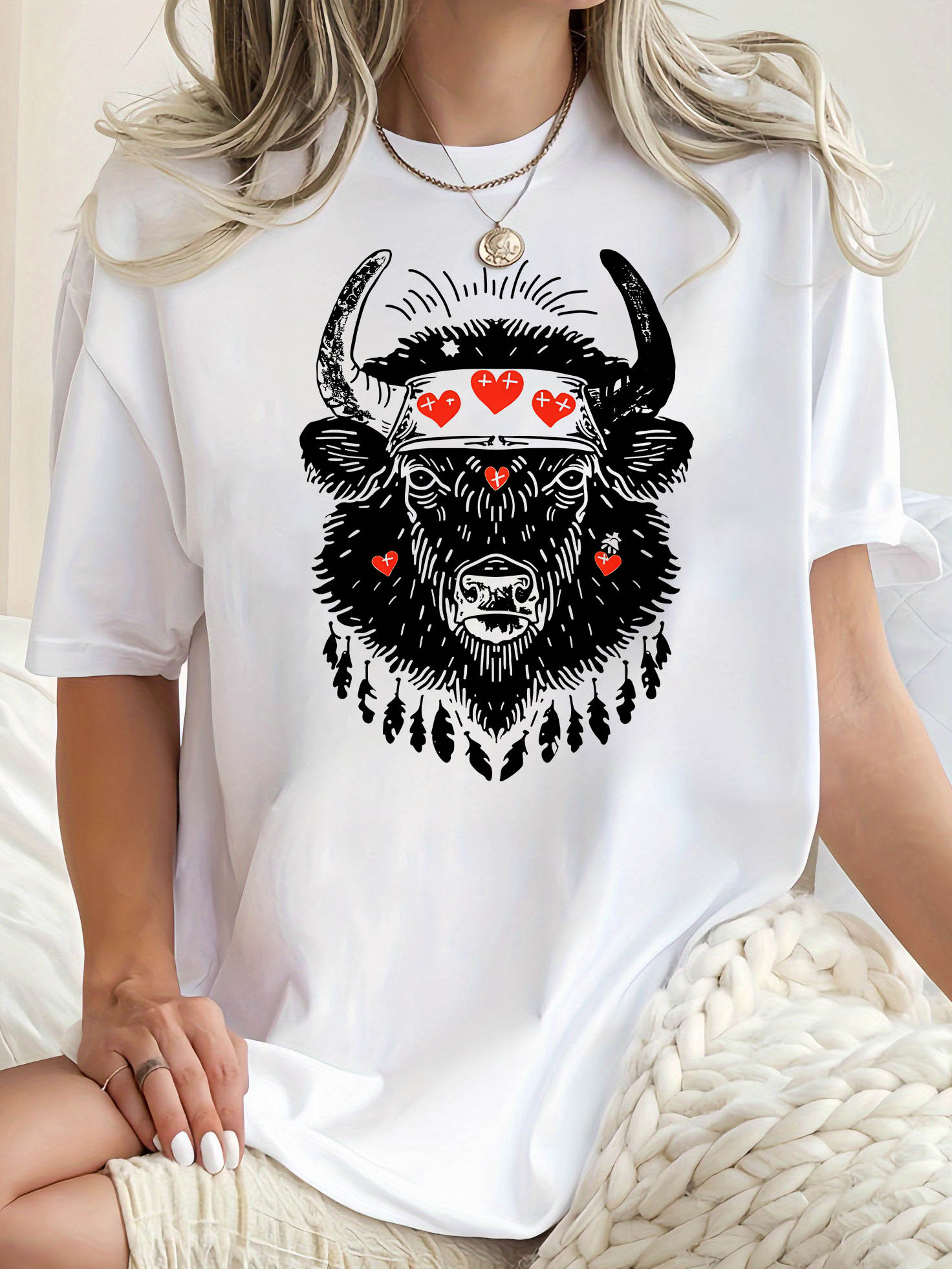 thumbnail image 1 of [Vacation Ready] Women's Casual Buffalo Heart Graphic Tee - White Crew Neck Short Sleeve T-Shirt, Stretchy & Comfortable Summer Top with Unique Animal Design, Perfect for Casual Attire, 1 of 8