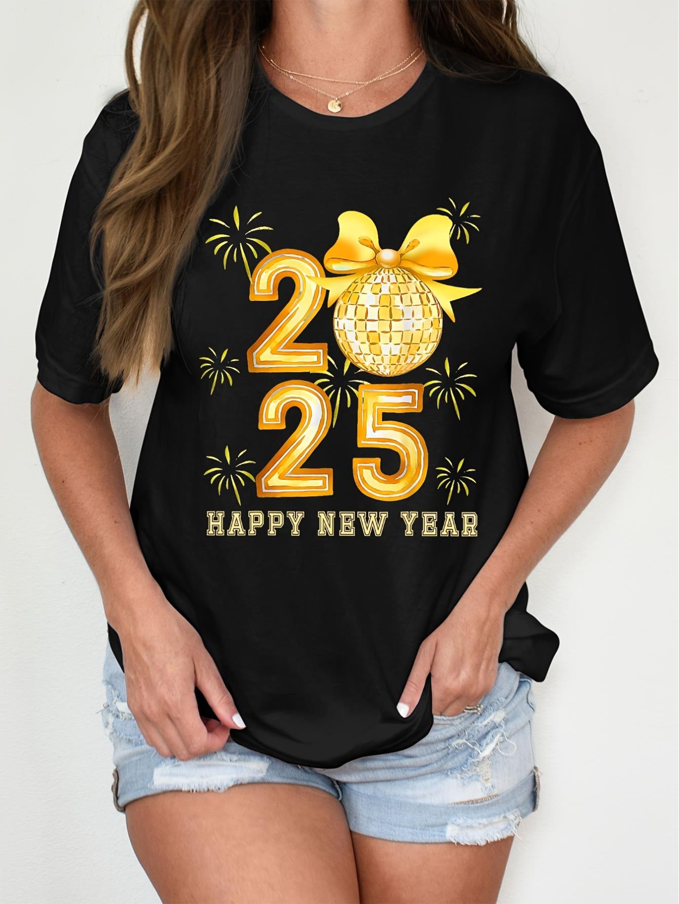 thumbnail image 1 of 2025 Happy New Year Fireworks Women's T-Shirt - Comfortable Casual Crew Neck Short Sleeve, Suitable for Daily and Party Wear, Printed Sports, Best Choice for Christmas, 1 of 6