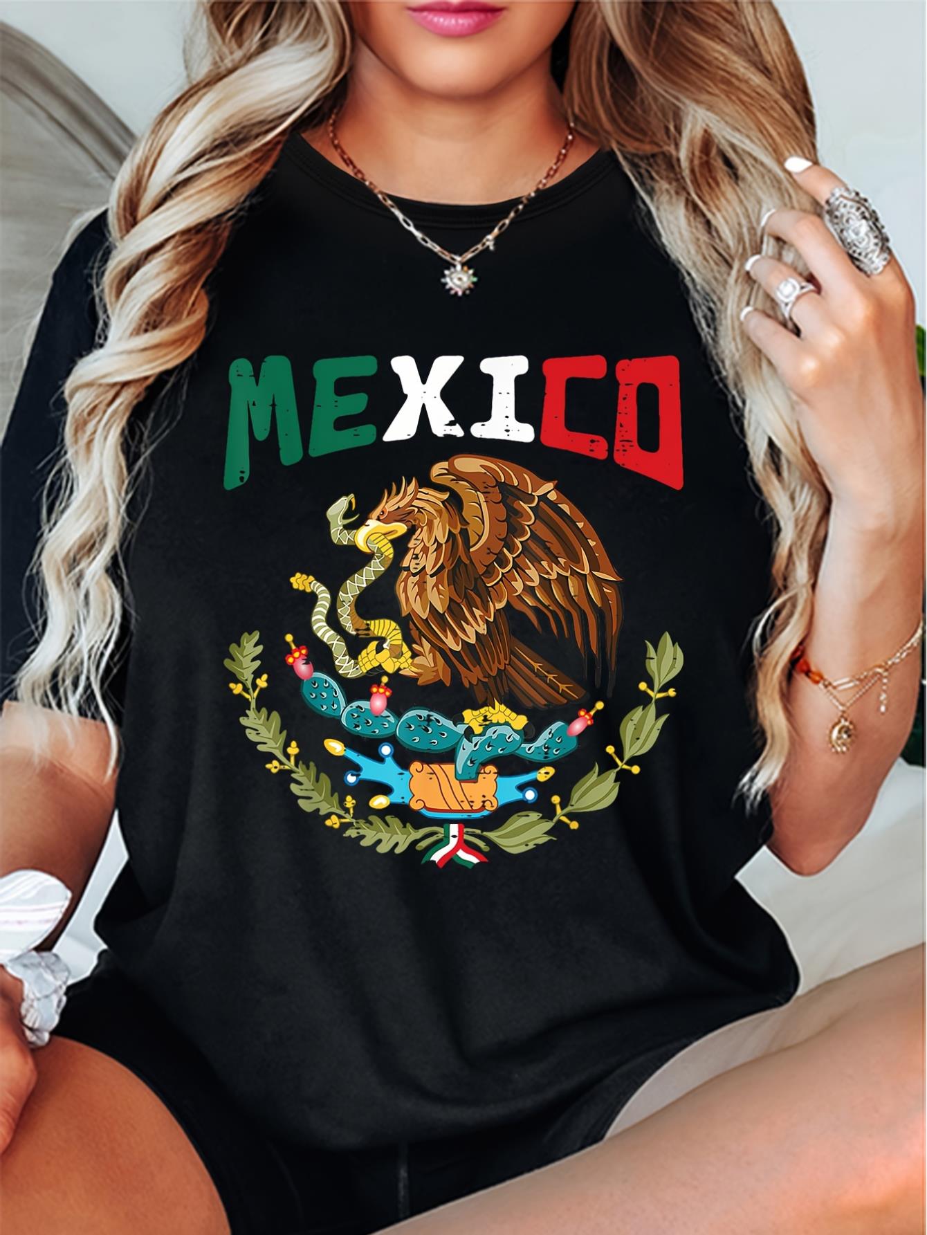Women's Casual Short Sleeve T-Shirt, Mexican Eagle and Cactus Print, Crew Neck, Sports Daily Top, Spring/Summer Collection
