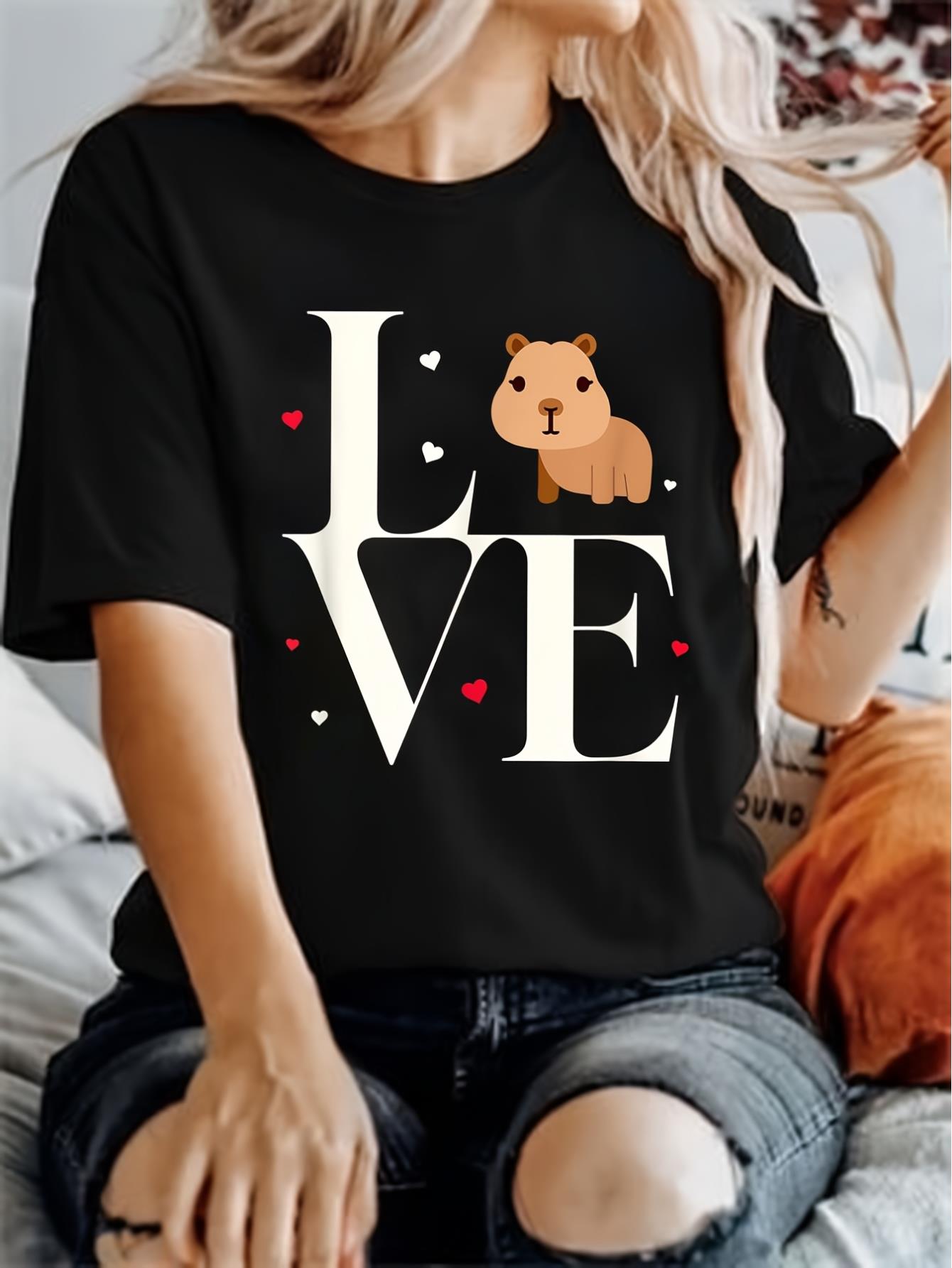 thumbnail image 1 of Women'S T-shirt, Cute "CapybarasLOVE Valentine'S Day" Print, Retro Simple Fashion, Round Neck, Casual And Comfortable, Sporty Short-sleeved T-shirt, 1 of 6
